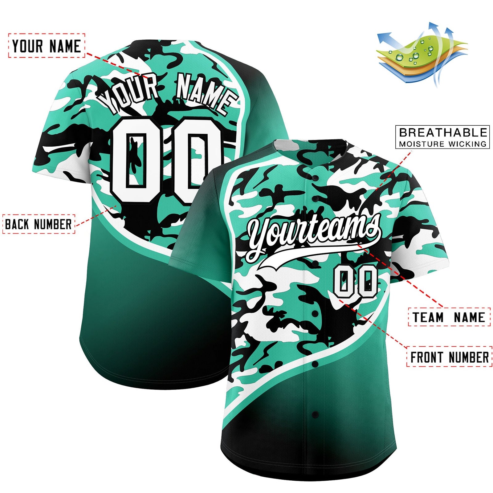 Custom Bright Green Black White Camo Gradient Fashion Baseball Jersey | Perfect for Training,Sublimation Printed & Stitched,Add Name and Numbern,Perfect for Teams | KXKSHOP