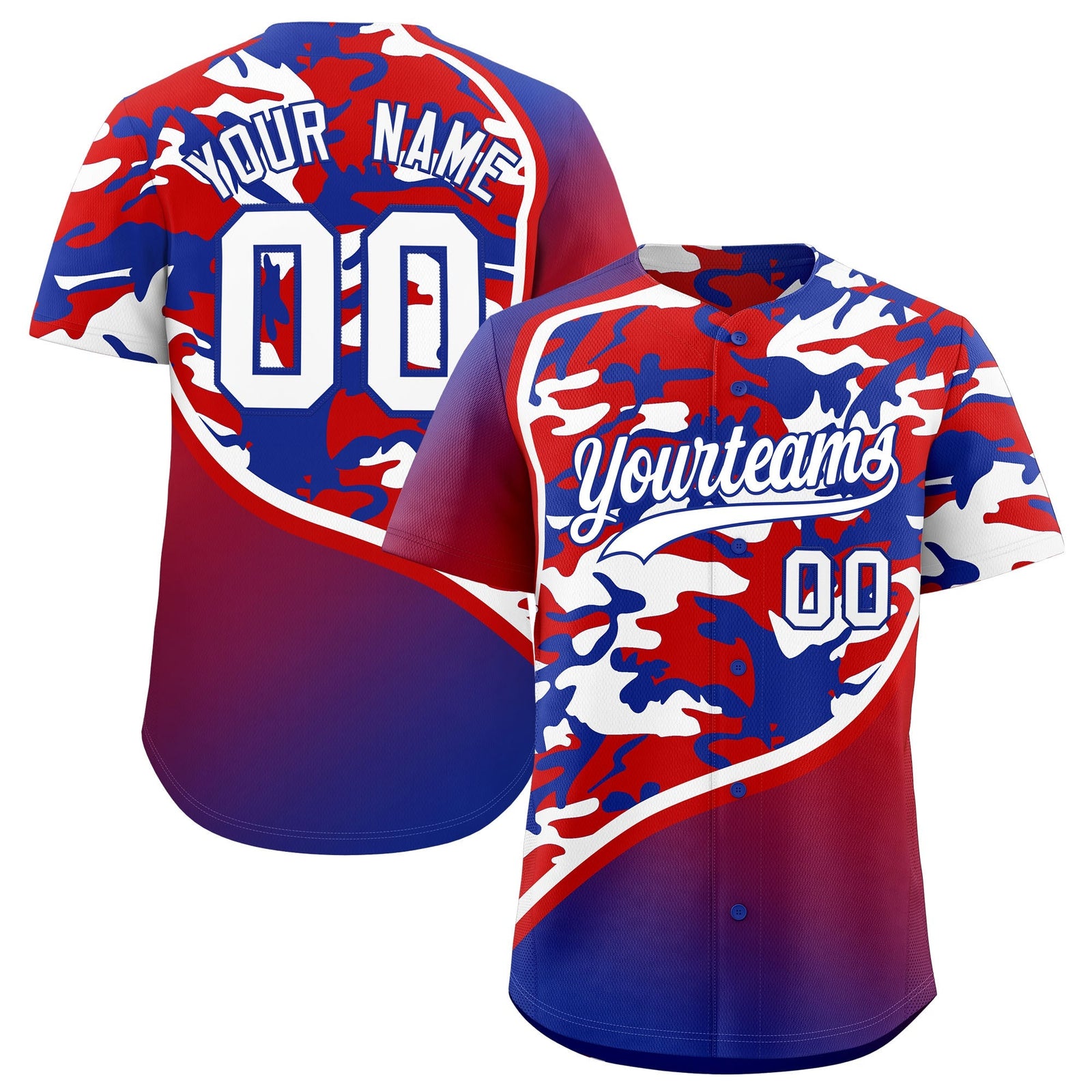 Custom Red White Royal Blue Camo Gradient Fashion Baseball Jersey | Perfect for Training,Sublimation Printed & Stitched,Add Name and Numbern,Perfect for Teams | KXKSHOP