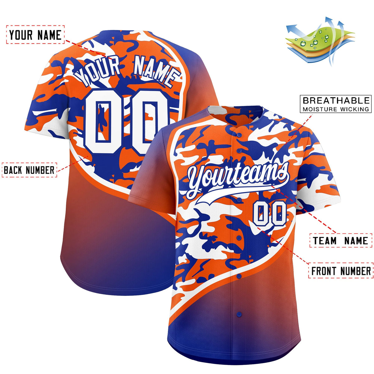 Custom Orange Royal Blue White Camo Gradient Fashion Baseball Jersey | Perfect for Training,Sublimation Printed &amp; Stitched,Add Name and Numbern,Perfect for Teams | KXKSHOP