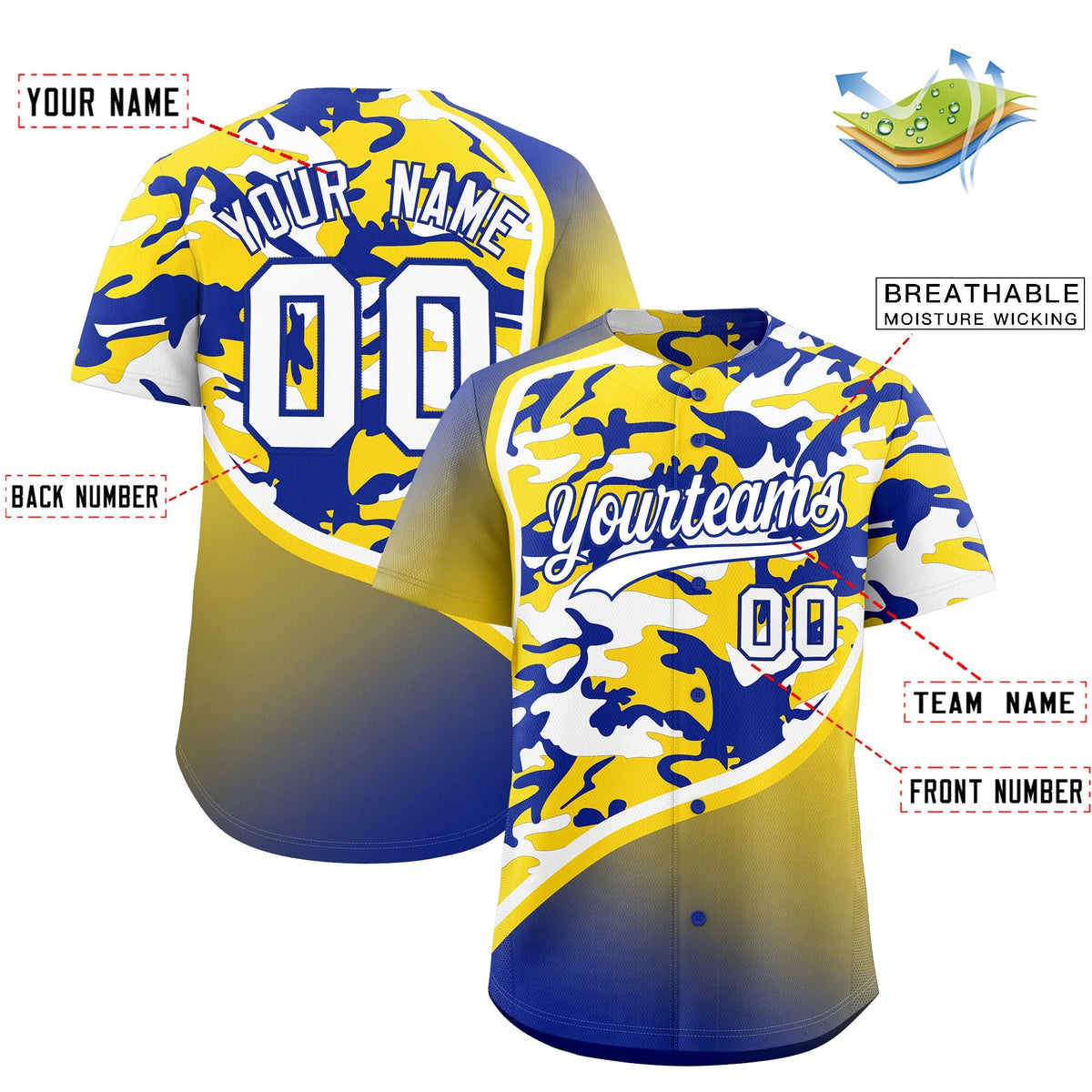 Custom Gold Royal Blue White Camo Gradient Fashion Baseball Jersey | Perfect for Training,Sublimation Printed &amp; Stitched,Add Name and Numbern,Perfect for Teams | KXKSHOP