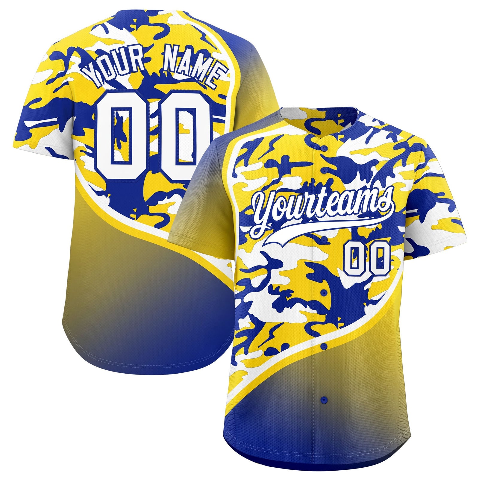 Custom Gold Royal Blue White Camo Gradient Fashion Baseball Jersey | Perfect for Training,Sublimation Printed & Stitched,Add Name and Numbern,Perfect for Teams | KXKSHOP