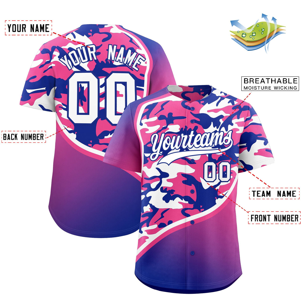 Custom Pink Royal Blue White Camo Gradient Fashion Baseball Jersey | Perfect for Training,Sublimation Printed &amp; Stitched,Add Name and Numbern,Perfect for Teams | KXKSHOP