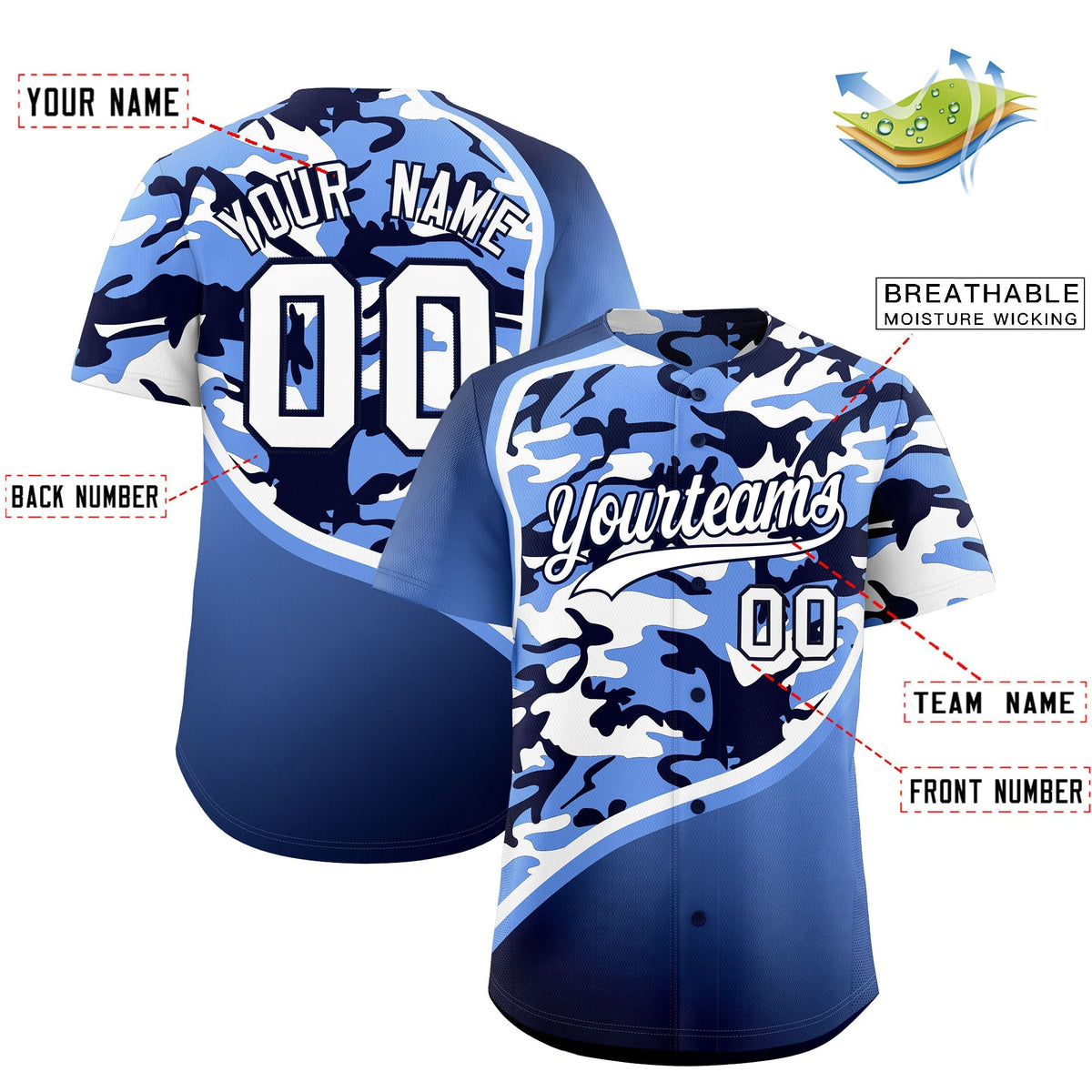 Custom Light Blue Navy White Camo Gradient Fashion Baseball Jersey | Perfect for Training,Sublimation Printed & Stitched,Add Name and Numbern,Perfect for Teams | KXKSHOP