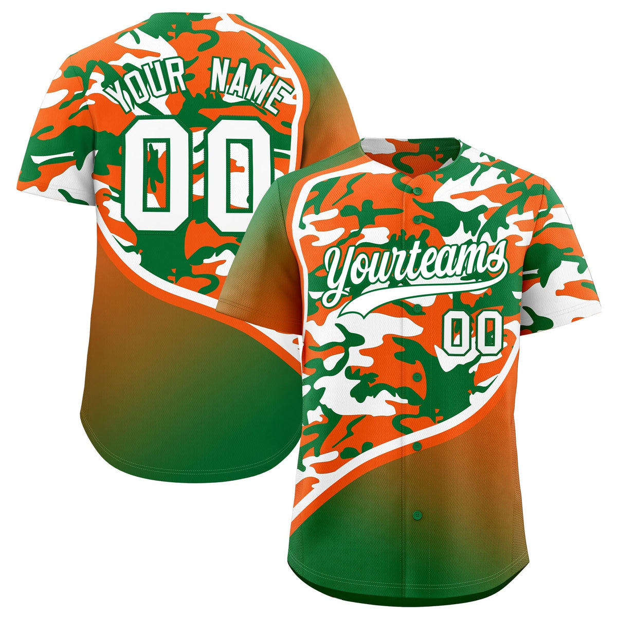 Custom Orange Kelly Green White Camo Gradient Fashion Baseball Jersey | Perfect for Training,Sublimation Printed &amp; Stitched,Add Name and Numbern,Perfect for Teams | KXKSHOP