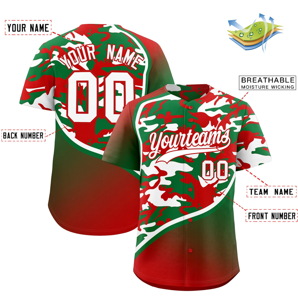 Custom Kelly Green Red White Camo Gradient Fashion Baseball Jersey | Perfect for Training,Sublimation Printed &amp; Stitched,Add Name and Numbern,Perfect for Teams | KXKSHOP