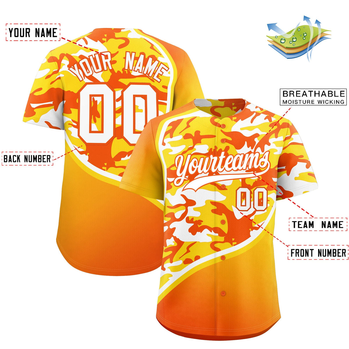 Custom Gold Orange White Camo Gradient Fashion Baseball Jersey | Perfect for Training,Sublimation Printed & Stitched,Add Name and Numbern,Perfect for Teams | KXKSHOP