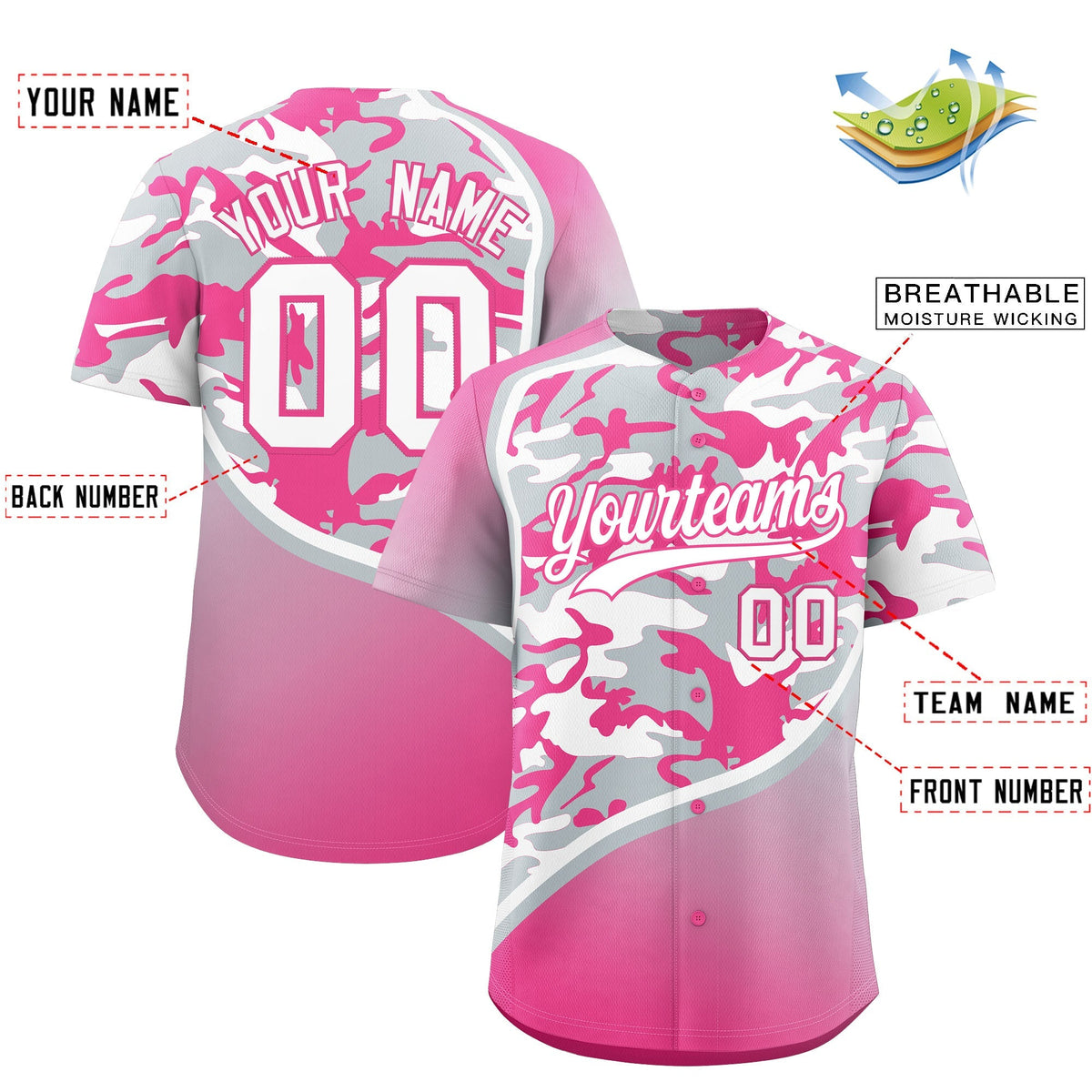 Custom Silver White Pink Camo Gradient Fashion Baseball Jersey | Perfect for Training,Sublimation Printed &amp; Stitched,Add Name and Numbern,Perfect for Teams | KXKSHOP