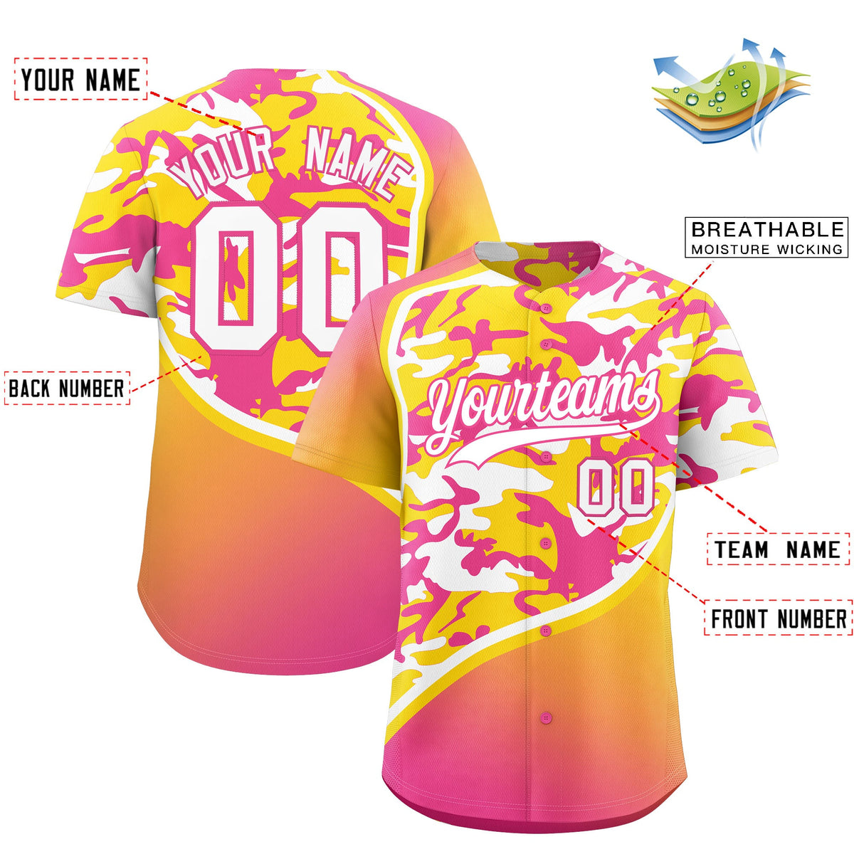 Custom Gold Pink White Camo Gradient Fashion Baseball Jersey
