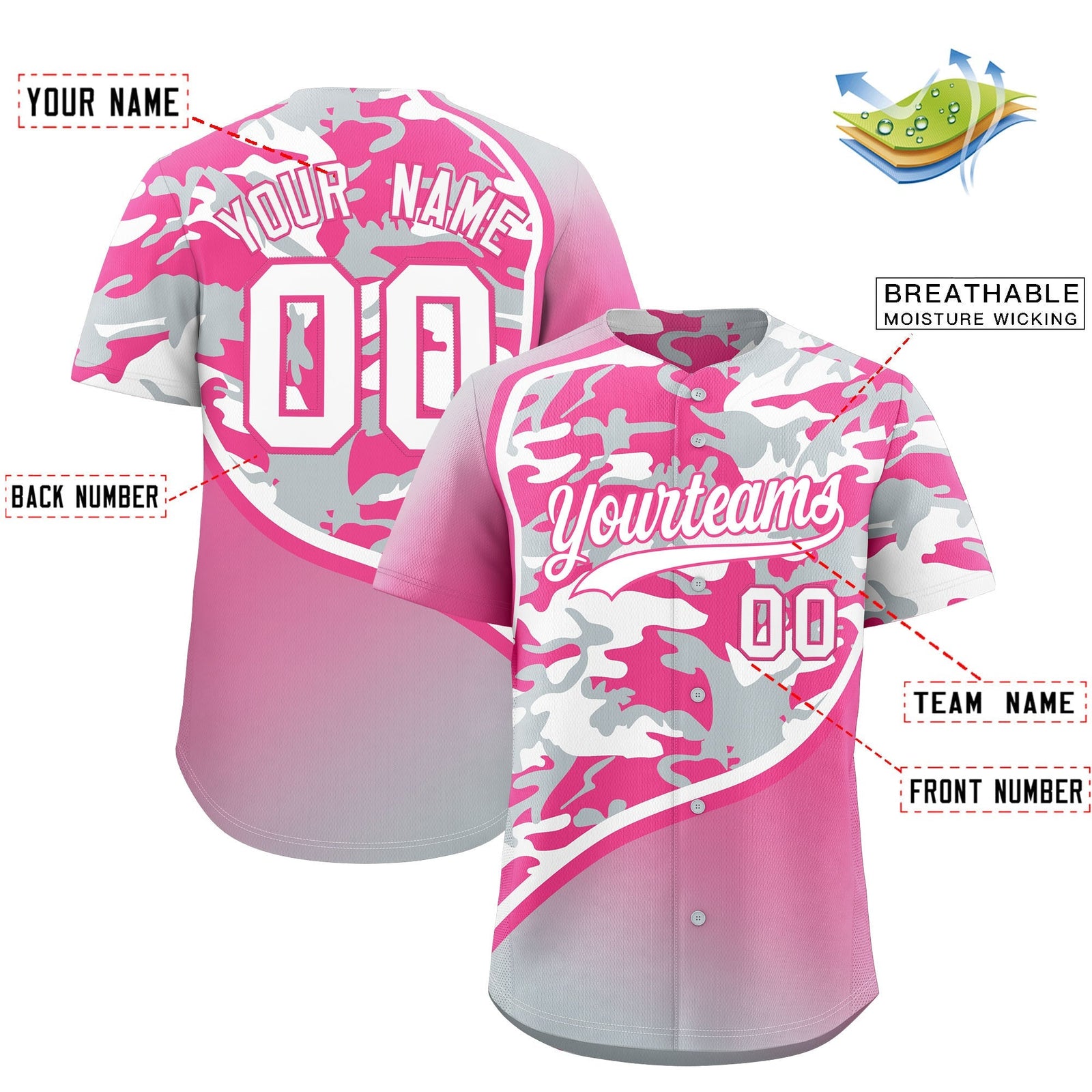 Custom Pink Silver White Camo Gradient Fashion Baseball Jersey | Perfect for Training,Sublimation Printed & Stitched,Add Name and Numbern,Perfect for Teams | KXKSHOP