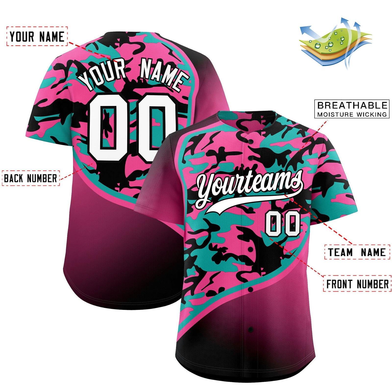 Custom Aqua Pink Black Camo Gradient Fashion Baseball Jersey | Perfect for Training,Sublimation Printed & Stitched,Add Name and Numbern,Perfect for Teams | KXKSHOP