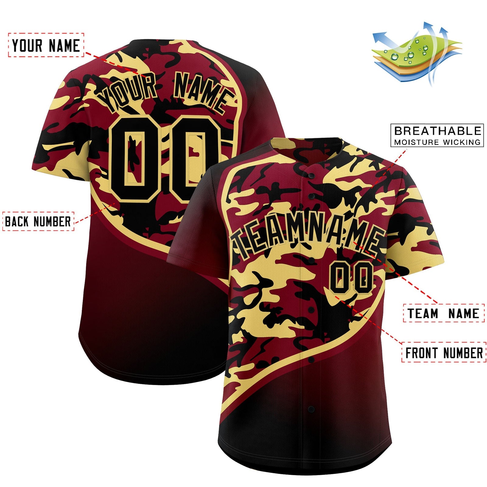 Custom Khaki Crimson Black Camo Gradient Fashion Baseball Jersey | Perfect for Training,Sublimation Printed & Stitched,Add Name and Numbern,Perfect for Teams | KXKSHOP