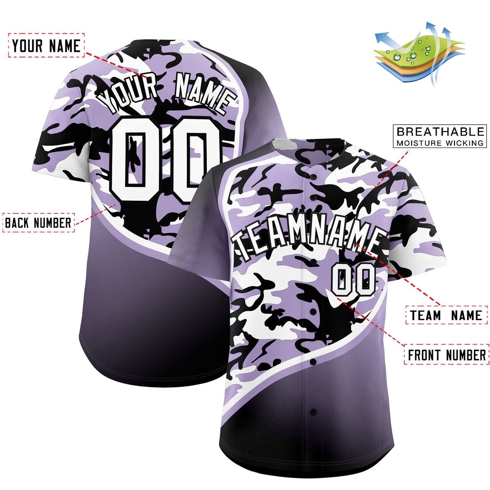 Custom Light Purple Black White Camo Gradient Fashion Baseball Jersey | Perfect for Training,Sublimation Printed & Stitched,Add Name and Numbern,Perfect for Teams | KXKSHOP