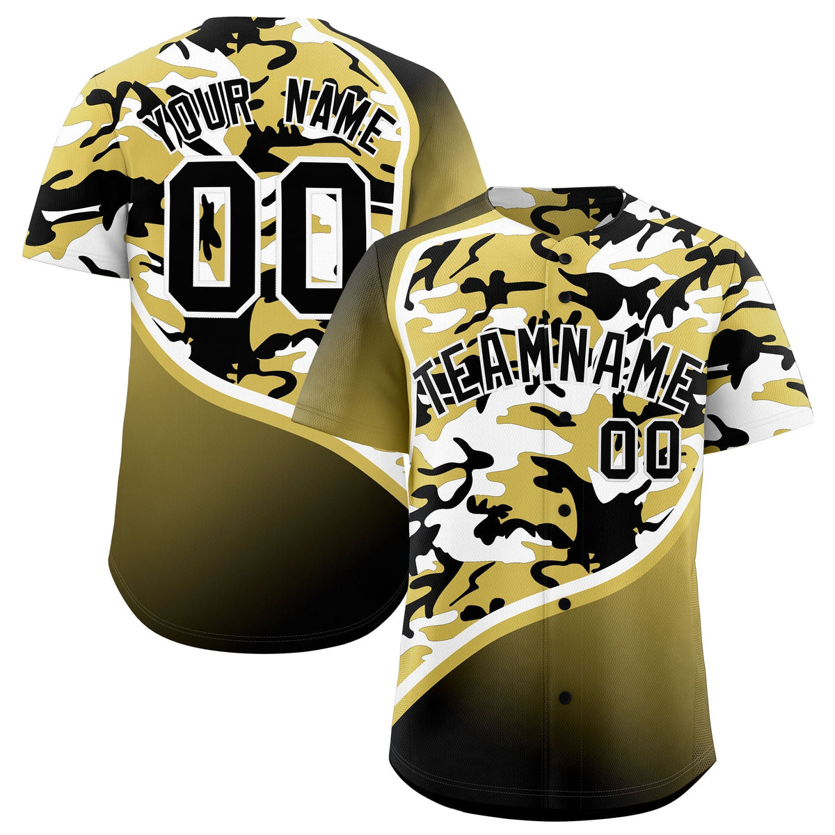 Custom Old Gold Black White Camo Gradient Fashion Baseball Jersey | Perfect for Training,Sublimation Printed &amp; Stitched,Add Name and Numbern,Perfect for Teams | KXKSHOP
