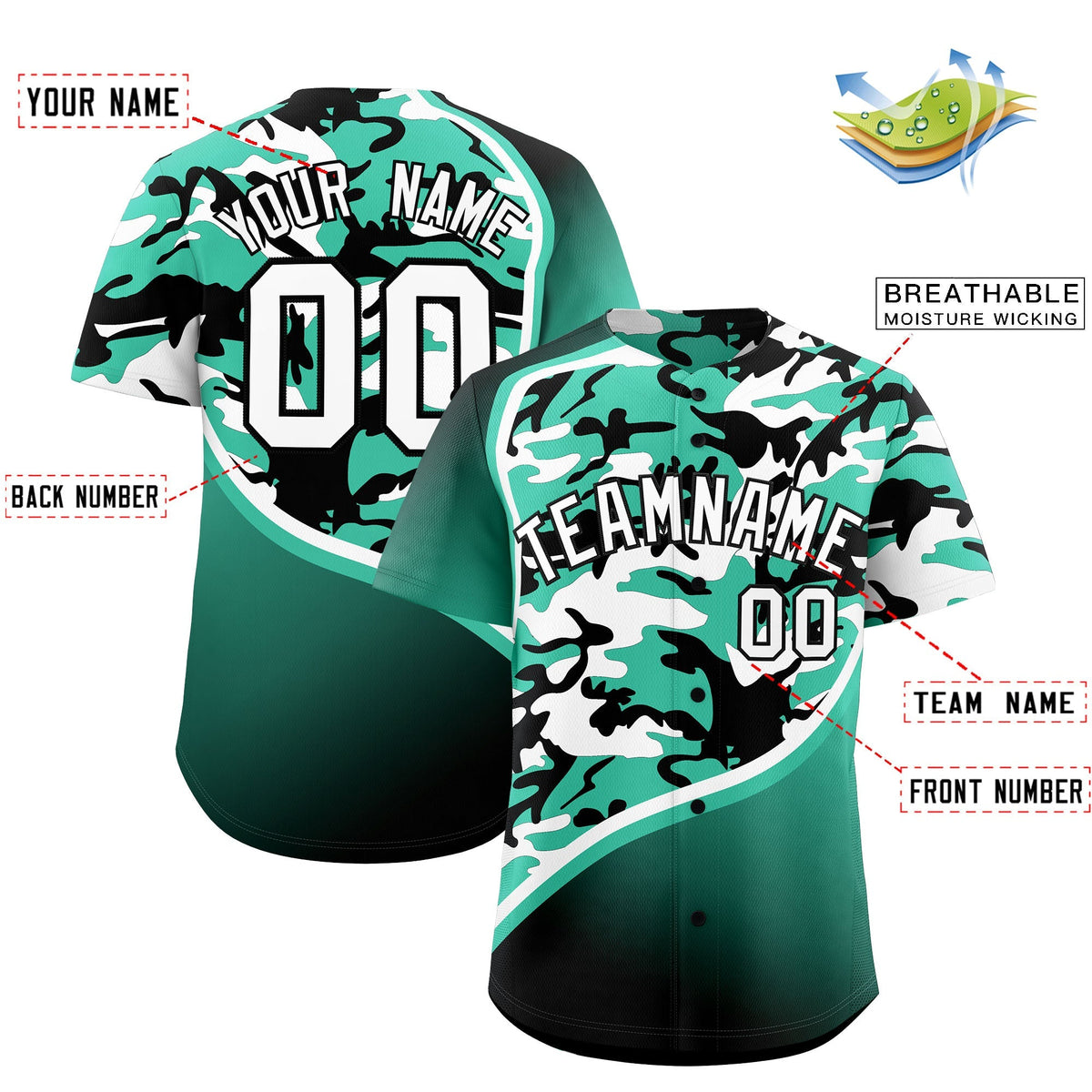 Custom Bright Green Black White Camo Gradient Fashion Baseball Jersey | Perfect for Training,Sublimation Printed &amp; Stitched,Add Name and Numbern,Perfect for Teams | KXKSHOP