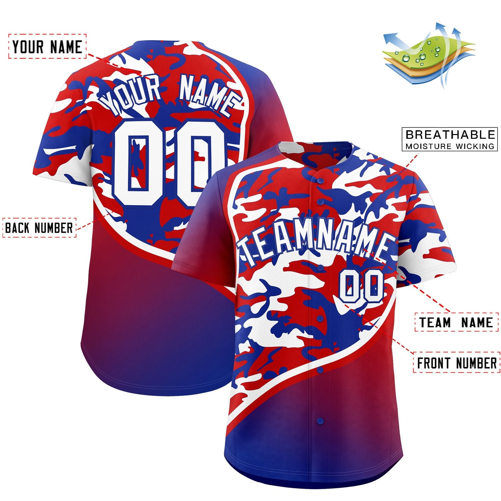 Custom Red White Royal Blue Camo Gradient Fashion Baseball Jersey | Perfect for Training,Sublimation Printed & Stitched,Add Name and Numbern,Perfect for Teams | KXKSHOP