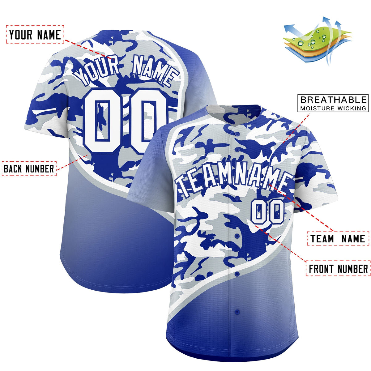 Custom Silver Royal Blue White Camo Gradient Fashion Baseball Jersey | Perfect for Training,Sublimation Printed &amp; Stitched,Add Name and Numbern,Perfect for Teams | KXKSHOP