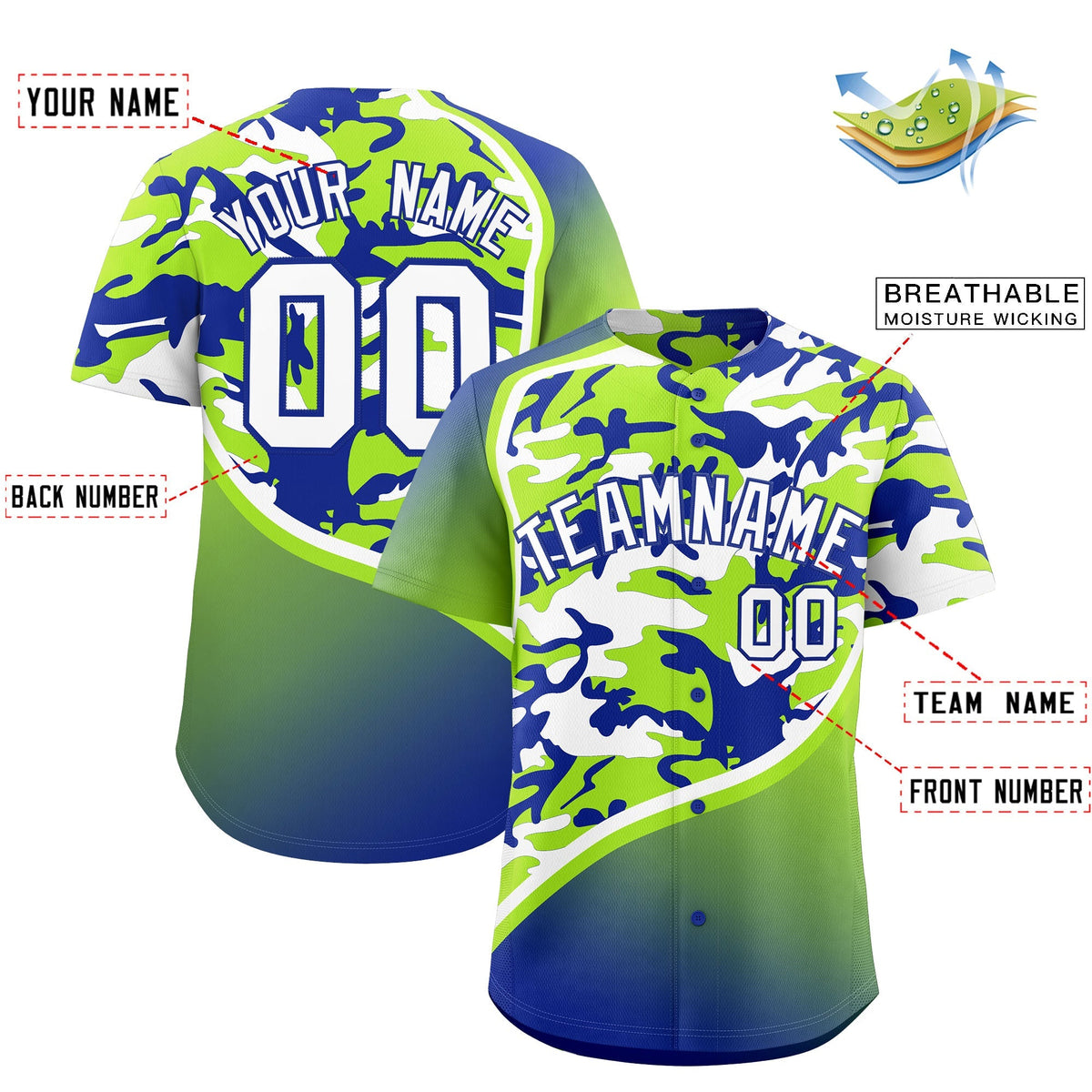 Custom Neon Green Royal Blue White Camo Gradient Fashion Baseball Jersey | Perfect for Training,Sublimation Printed &amp; Stitched,Add Name and Numbern,Perfect for Teams | KXKSHOP