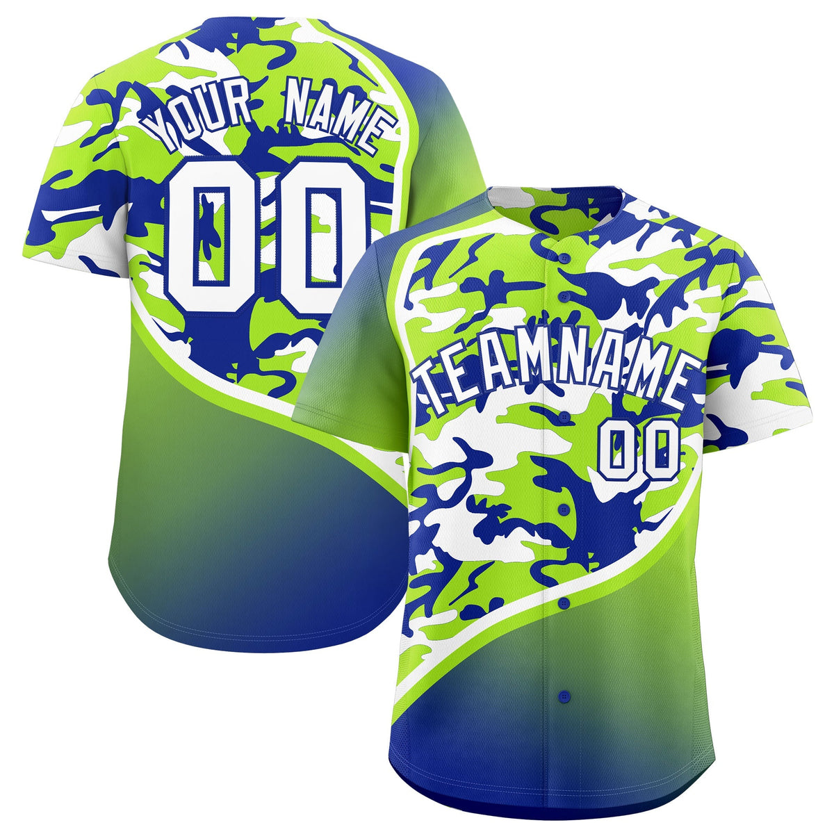 Custom Neon Green Royal Blue White Camo Gradient Fashion Baseball Jersey | Perfect for Training,Sublimation Printed &amp; Stitched,Add Name and Numbern,Perfect for Teams | KXKSHOP