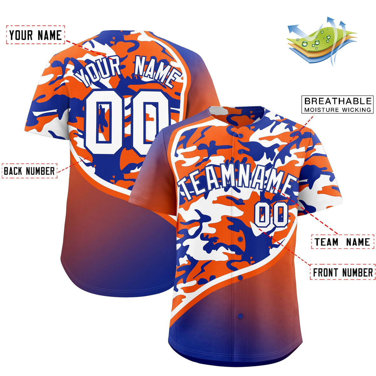 Custom Orange Royal Blue White Camo Gradient Fashion Baseball Jersey | Perfect for Training,Sublimation Printed &amp; Stitched,Add Name and Numbern,Perfect for Teams | KXKSHOP