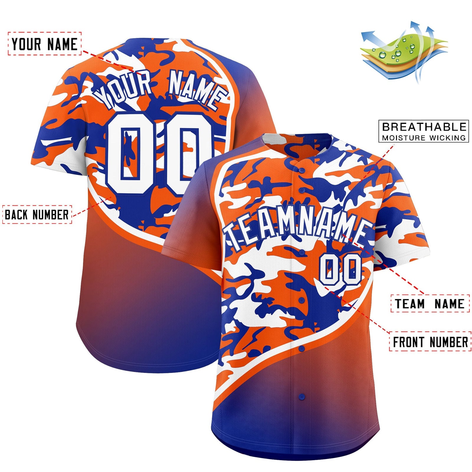 Custom Orange Royal Blue White Camo Gradient Fashion Baseball Jersey | Perfect for Training,Sublimation Printed & Stitched,Add Name and Numbern,Perfect for Teams | KXKSHOP