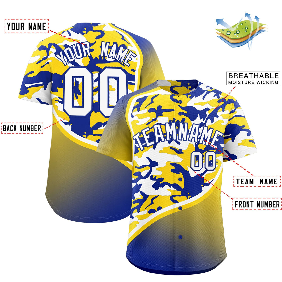 Custom Gold Royal Blue White Camo Gradient Fashion Baseball Jersey | Perfect for Training,Sublimation Printed &amp; Stitched,Add Name and Numbern,Perfect for Teams | KXKSHOP