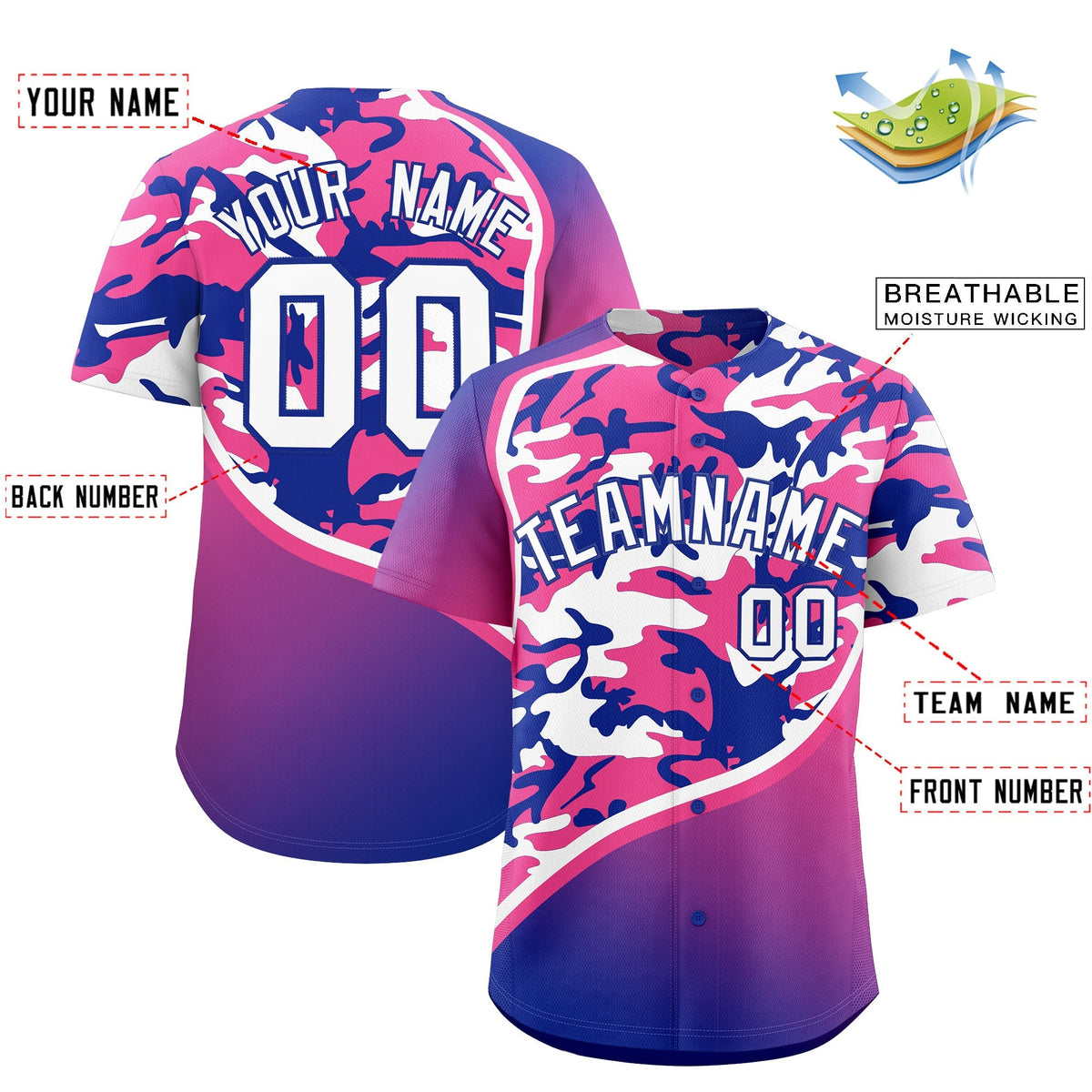 Custom Pink Royal Blue White Camo Gradient Fashion Baseball Jersey | Perfect for Training,Sublimation Printed &amp; Stitched,Add Name and Numbern,Perfect for Teams | KXKSHOP