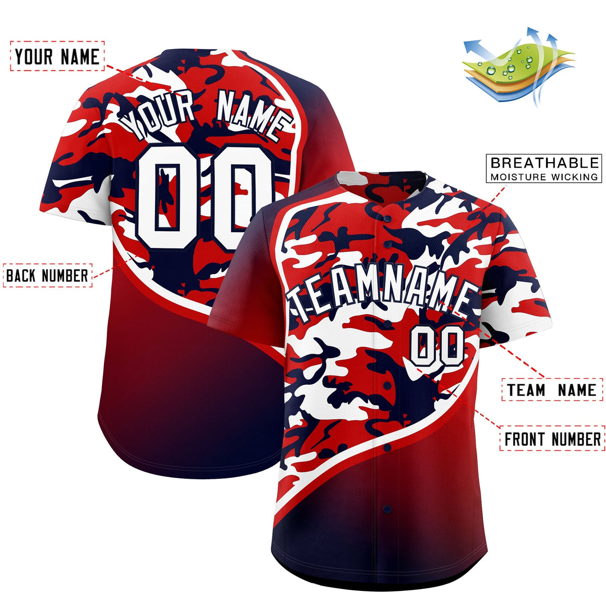 Custom Red White Navy Camo Gradient Fashion Baseball Jersey | Perfect for Training,Sublimation Printed & Stitched,Add Name and Numbern,Perfect for Teams | KXKSHOP