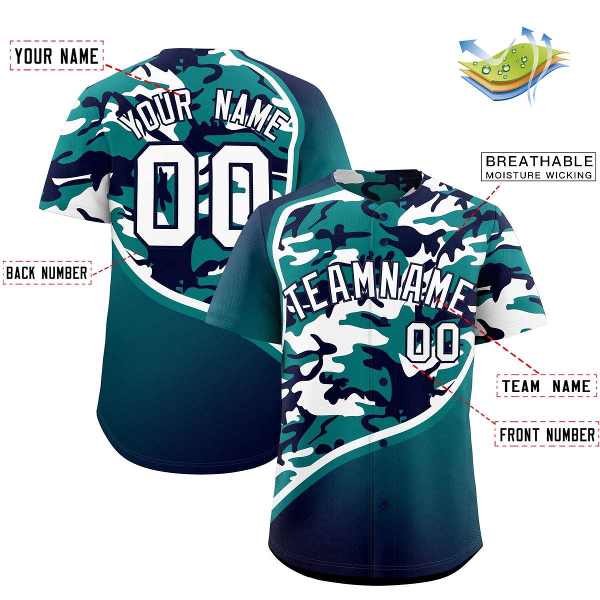 Custom Teal Navy White Camo Gradient Fashion Baseball Jersey | Perfect for Training,Sublimation Printed &amp; Stitched,Add Name and Numbern,Perfect for Teams | KXKSHOP