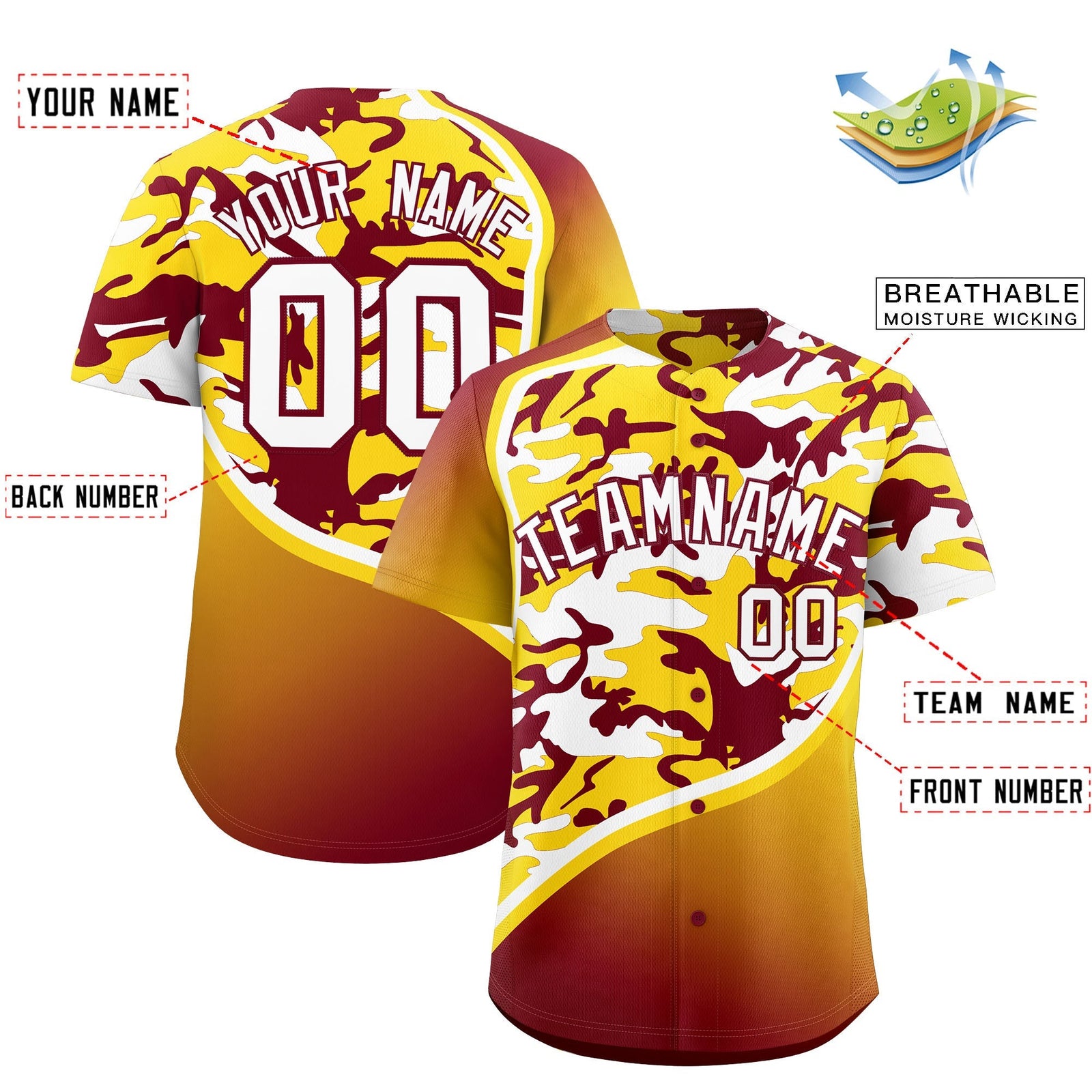 Custom Crimson Gold White Camo Gradient Fashion Baseball Jersey | Perfect for Training,Sublimation Printed & Stitched,Add Name and Numbern,Perfect for Teams | KXKSHOP