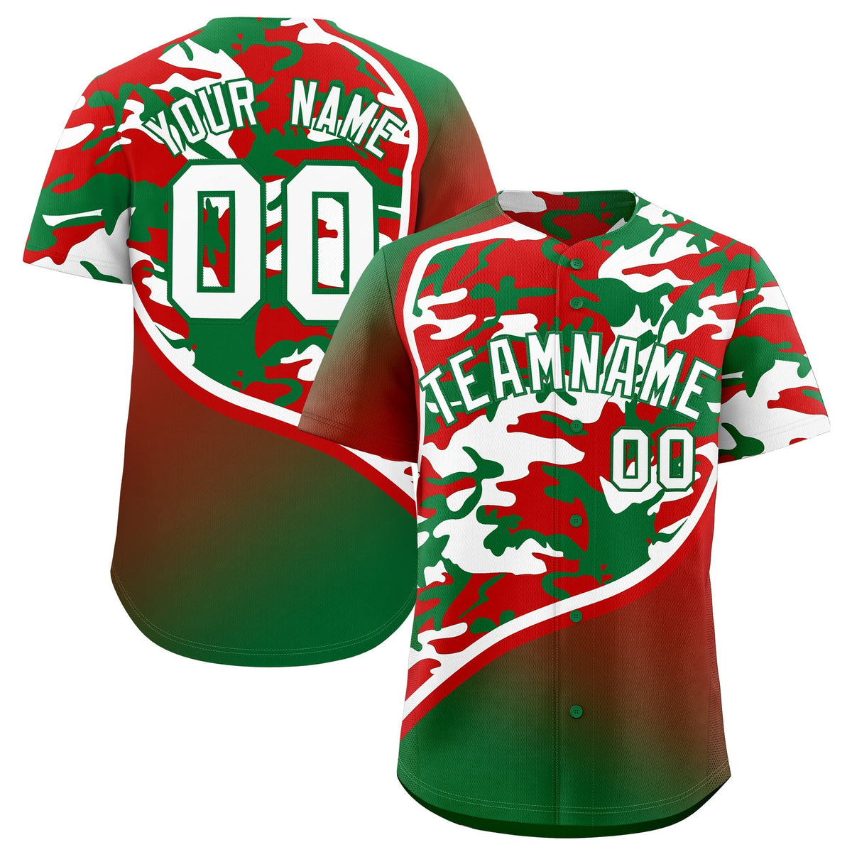 Custom Red Kelly Green White Camo Gradient Fashion Baseball Jersey | Perfect for Training,Sublimation Printed &amp; Stitched,Add Name and Numbern,Perfect for Teams | KXKSHOP