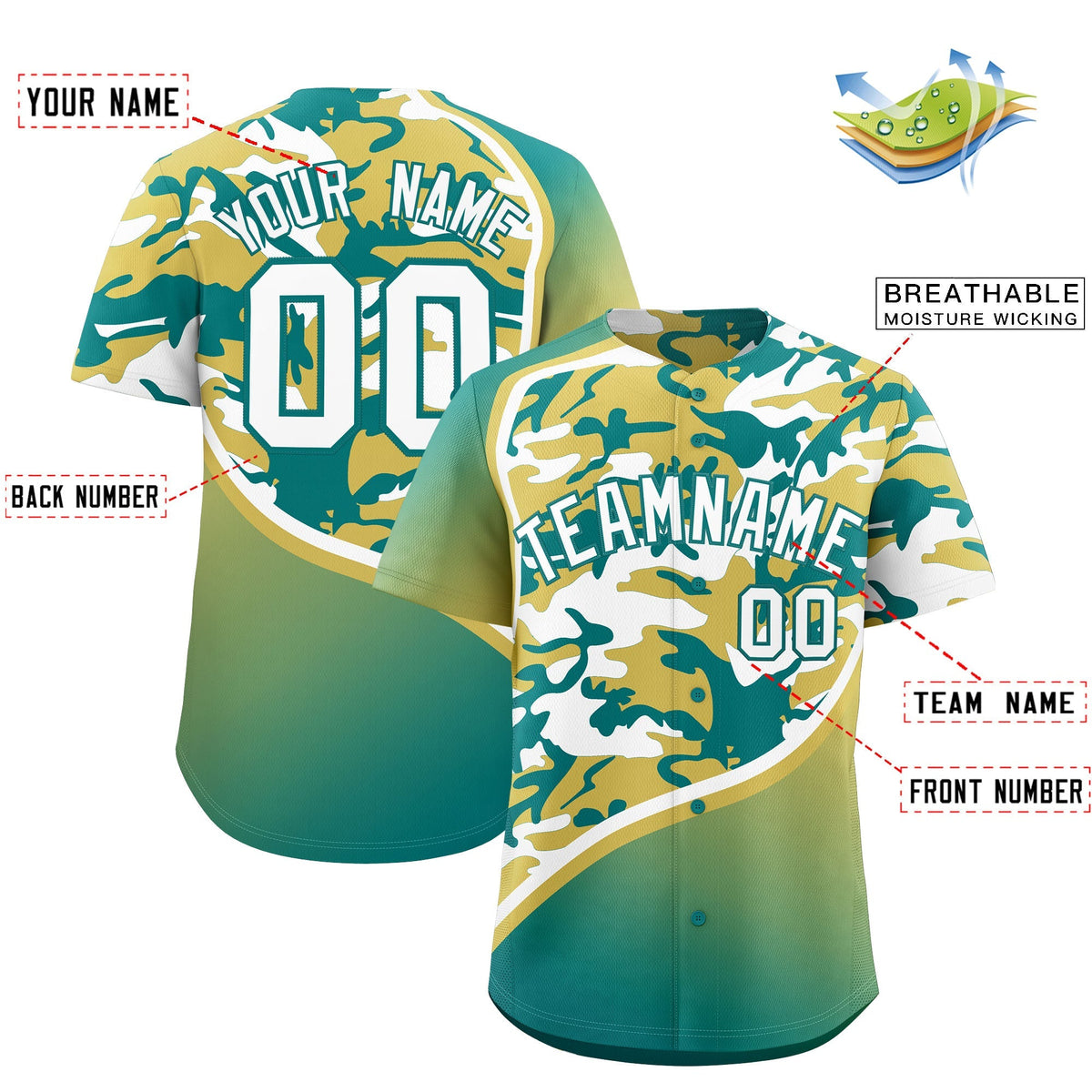 Custom Old Gold Teal White Camo Gradient Fashion Baseball Jersey | Perfect for Training,Sublimation Printed &amp; Stitched,Add Name and Numbern,Perfect for Teams | KXKSHOP