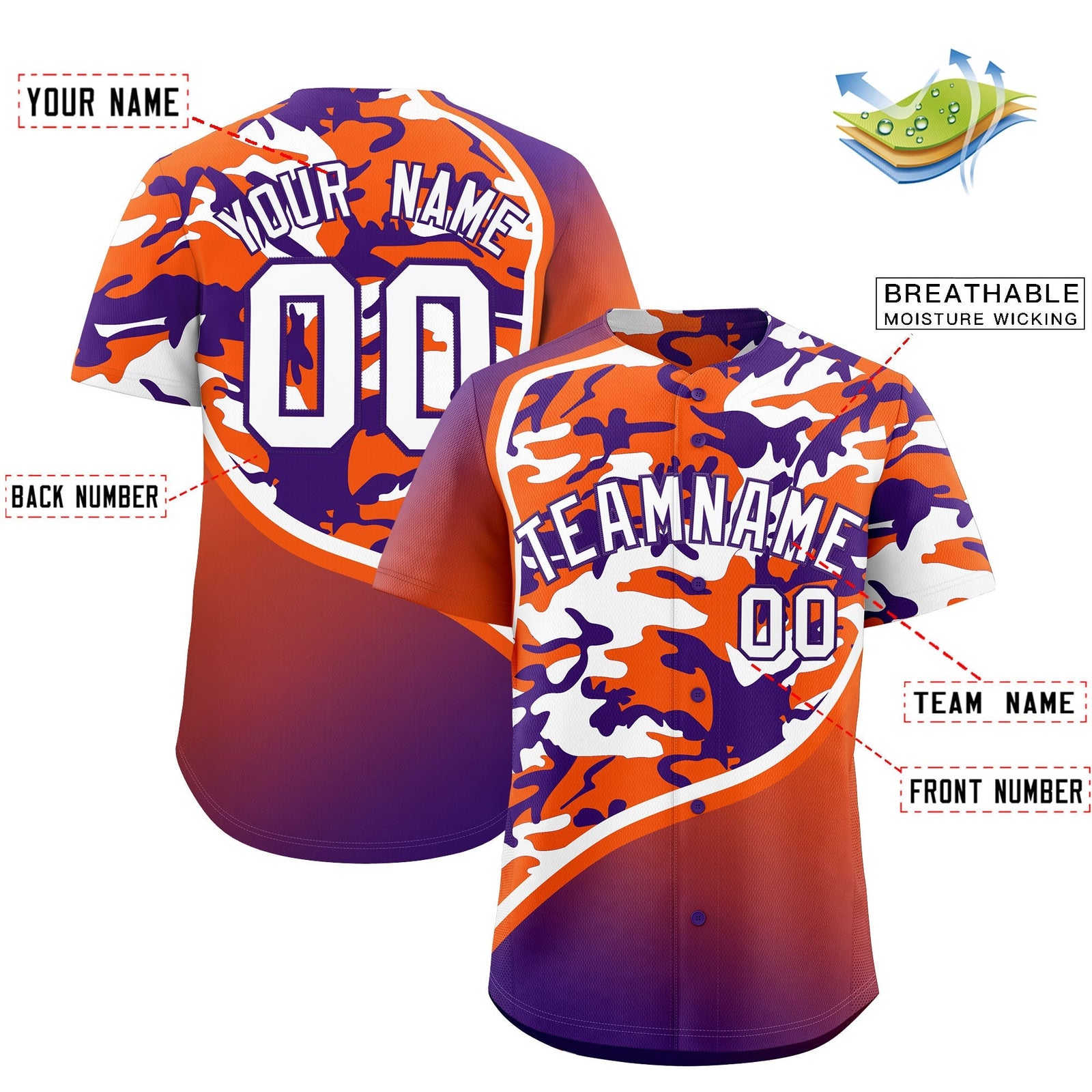 Custom Orange Purple White Camo Gradient Fashion Baseball Jersey | Perfect for Training,Sublimation Printed & Stitched,Add Name and Numbern,Perfect for Teams | KXKSHOP