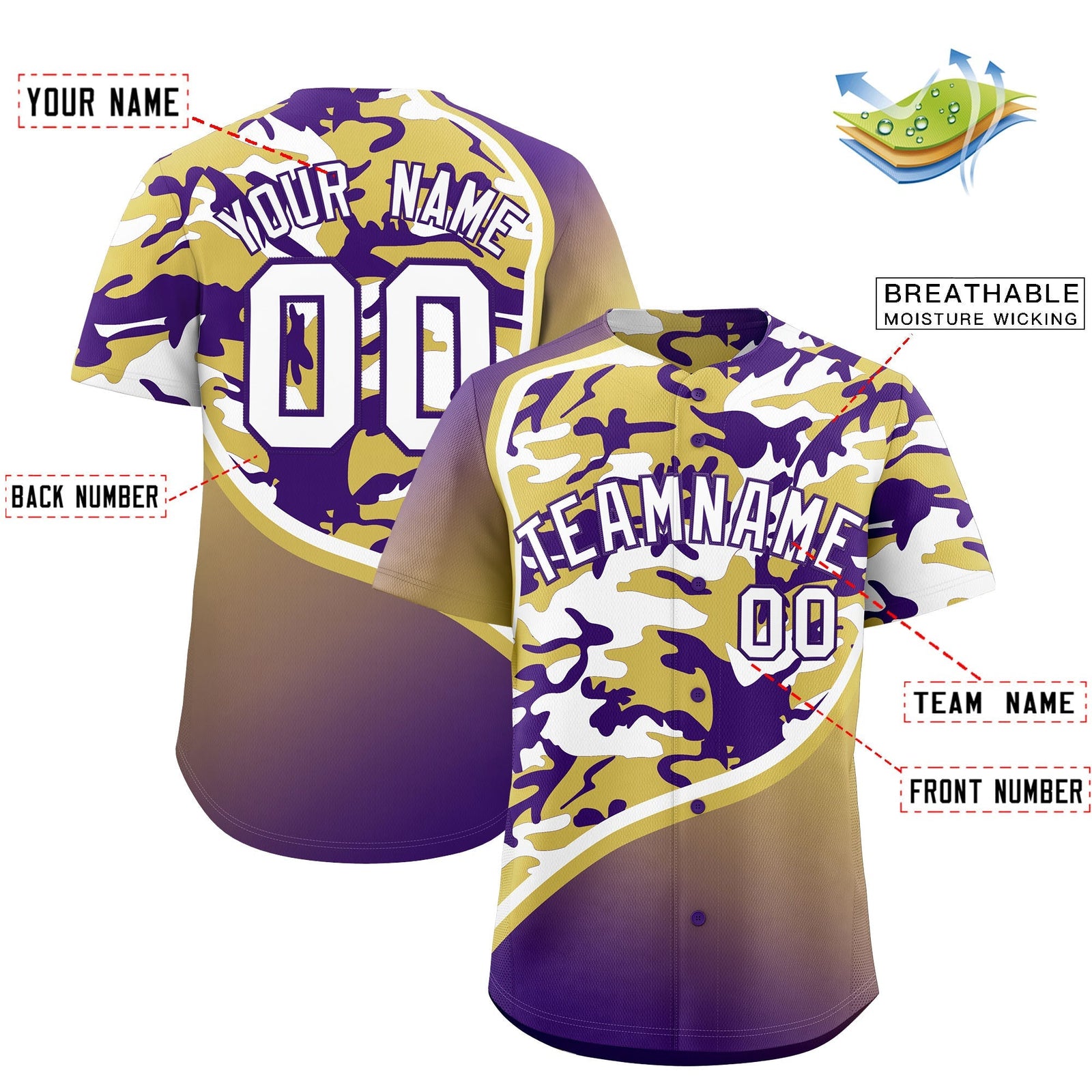 Custom Old Gold Purple White Camo Gradient Fashion Baseball Jersey | Perfect for Training,Sublimation Printed & Stitched,Add Name and Numbern,Perfect for Teams | KXKSHOP