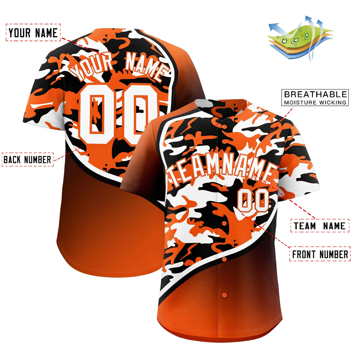 Custom Orange Black White Camo Gradient Fashion Baseball Jersey | Perfect for Training,Sublimation Printed &amp; Stitched,Add Name and Numbern,Perfect for Teams | KXKSHOP