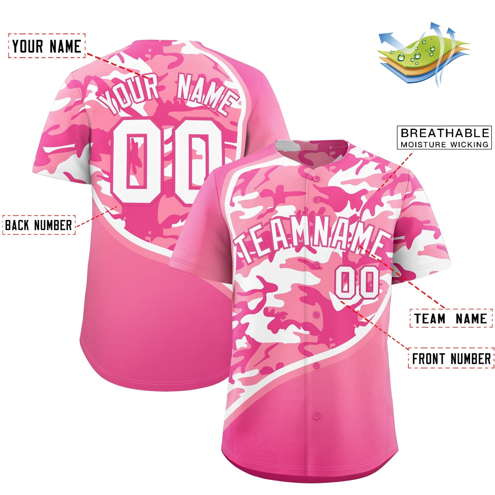 Custom Light Pink Pink White Camo Gradient Fashion Baseball Jersey | Perfect for Training,Sublimation Printed & Stitched,Add Name and Numbern,Perfect for Teams | KXKSHOP