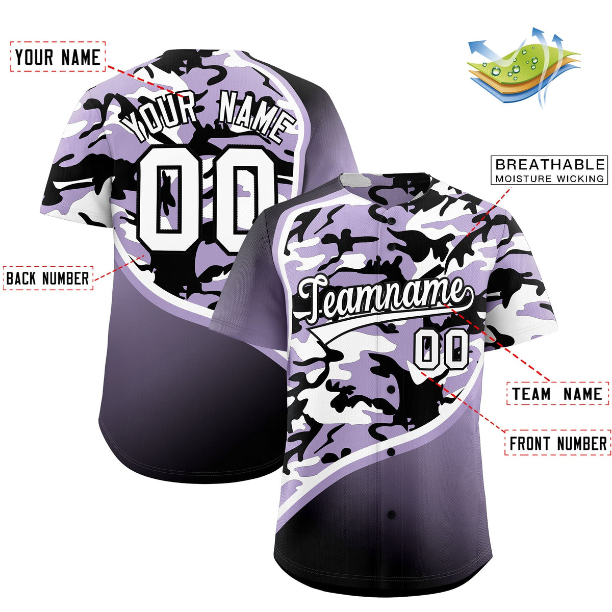 Custom Light Purple Black White Camo Gradient Fashion Baseball Jersey | Perfect for Training,Sublimation Printed &amp; Stitched,Add Name and Numbern,Perfect for Teams | KXKSHOP