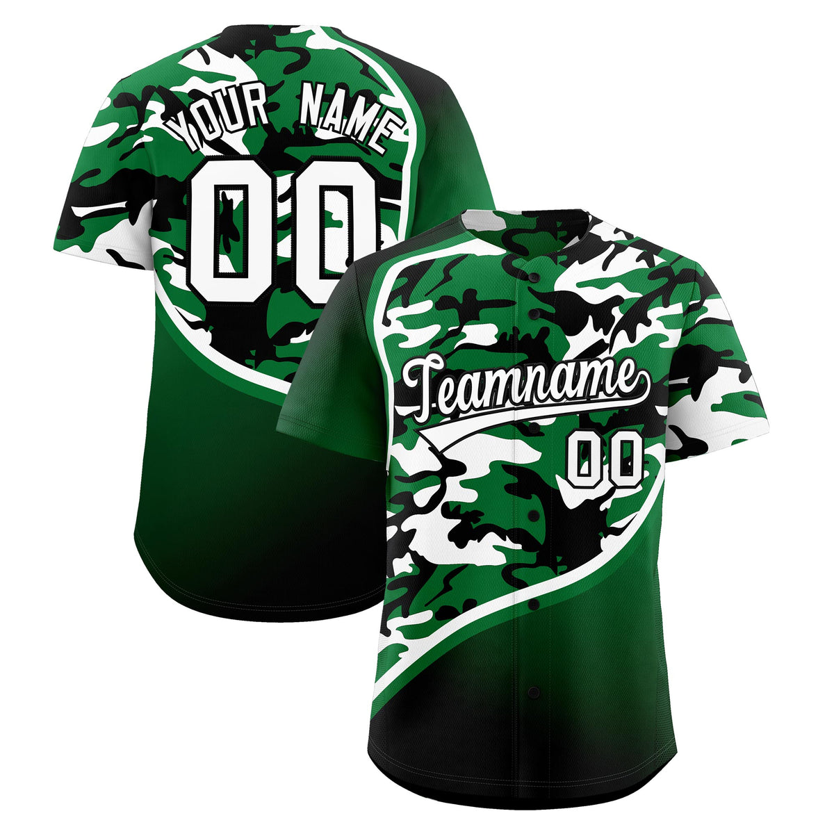 Custom Kelly Green White Black Camo Gradient Fashion Baseball Jersey