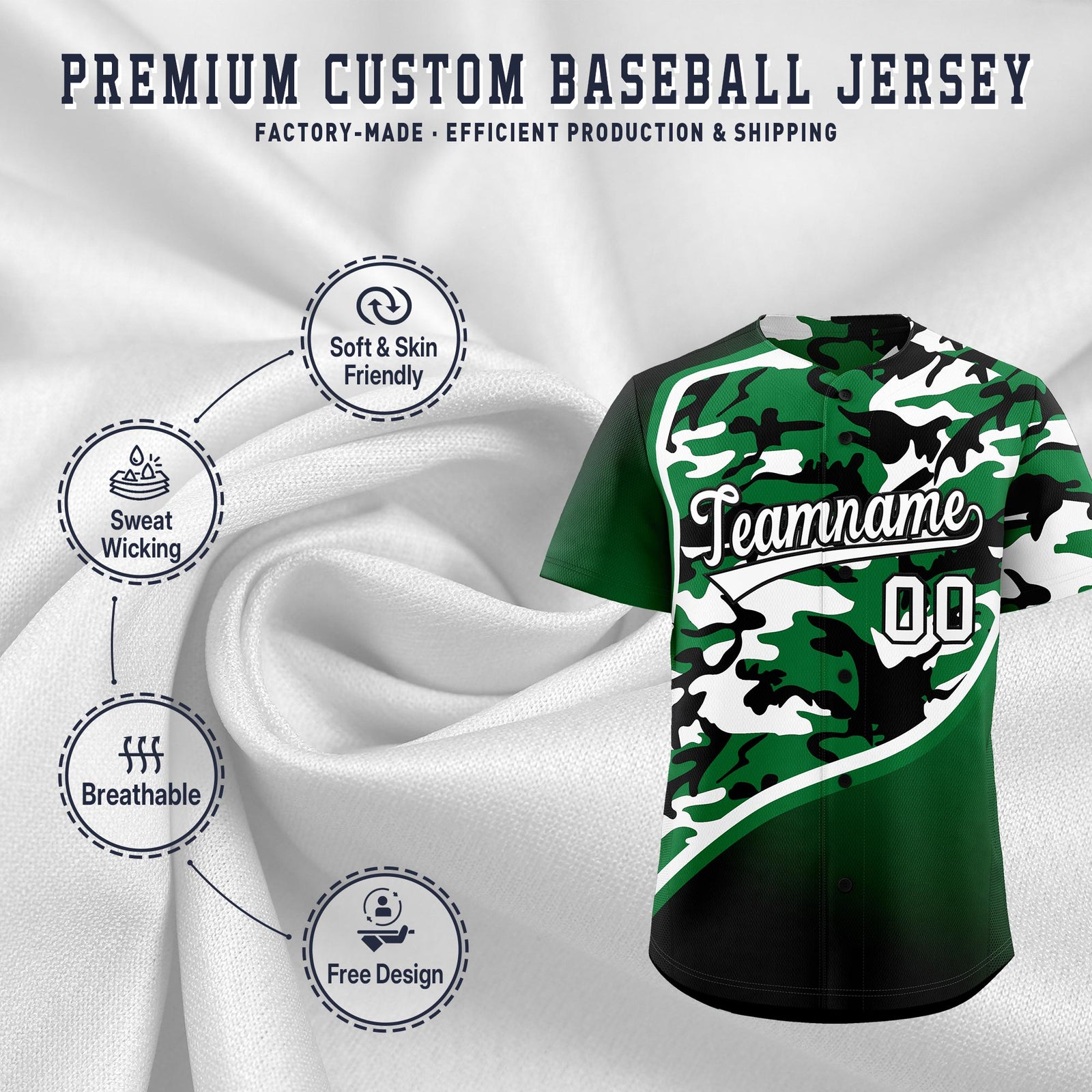 Custom Kelly Green White Black Camo Gradient Fashion Baseball Jersey