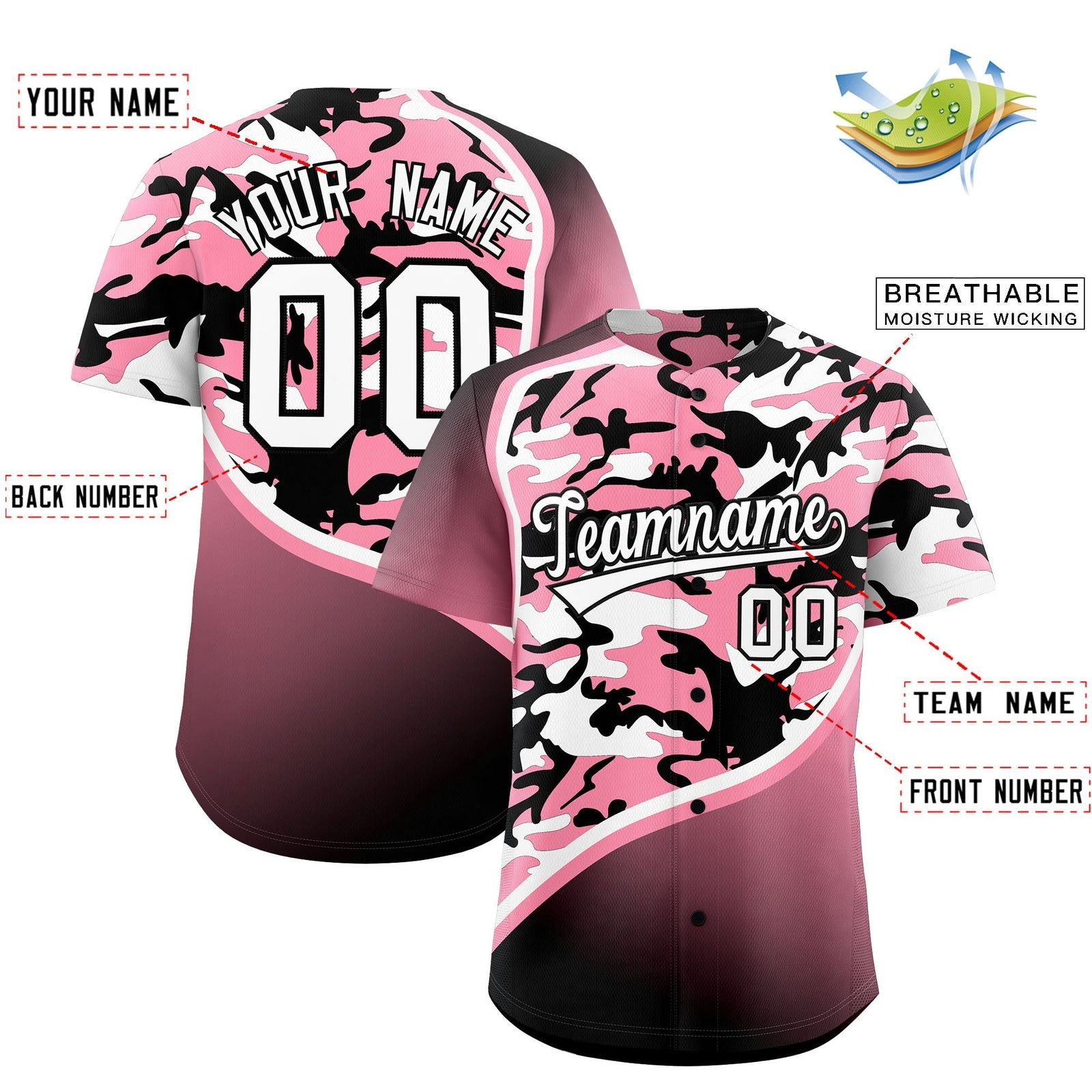 Custom Light Pink Black White Camo Gradient Fashion Baseball Jersey | Perfect for Training,Sublimation Printed & Stitched,Add Name and Numbern,Perfect for Teams | KXKSHOP