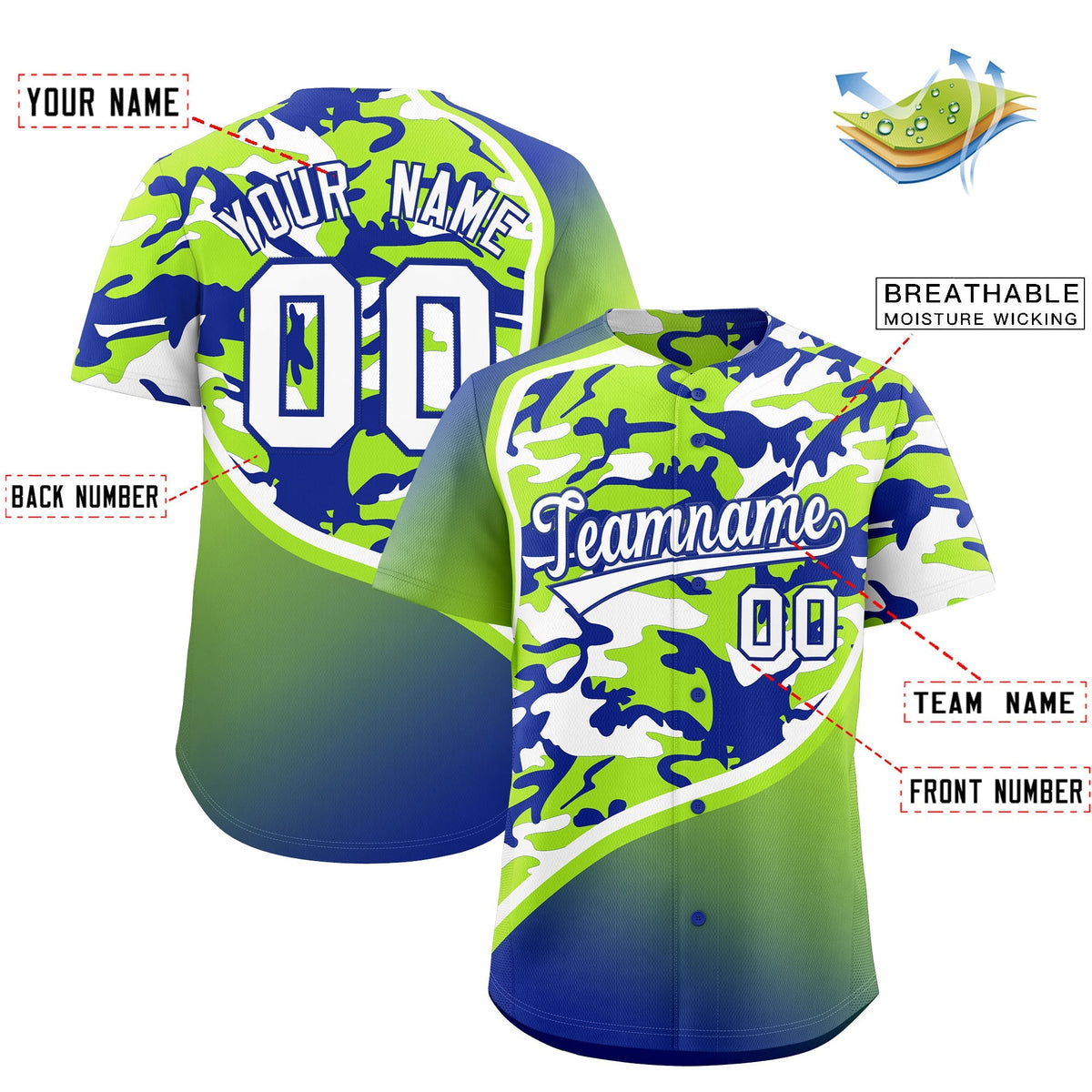 Custom Neon Green Royal Blue White Camo Gradient Fashion Baseball Jersey | Perfect for Training,Sublimation Printed &amp; Stitched,Add Name and Numbern,Perfect for Teams | KXKSHOP