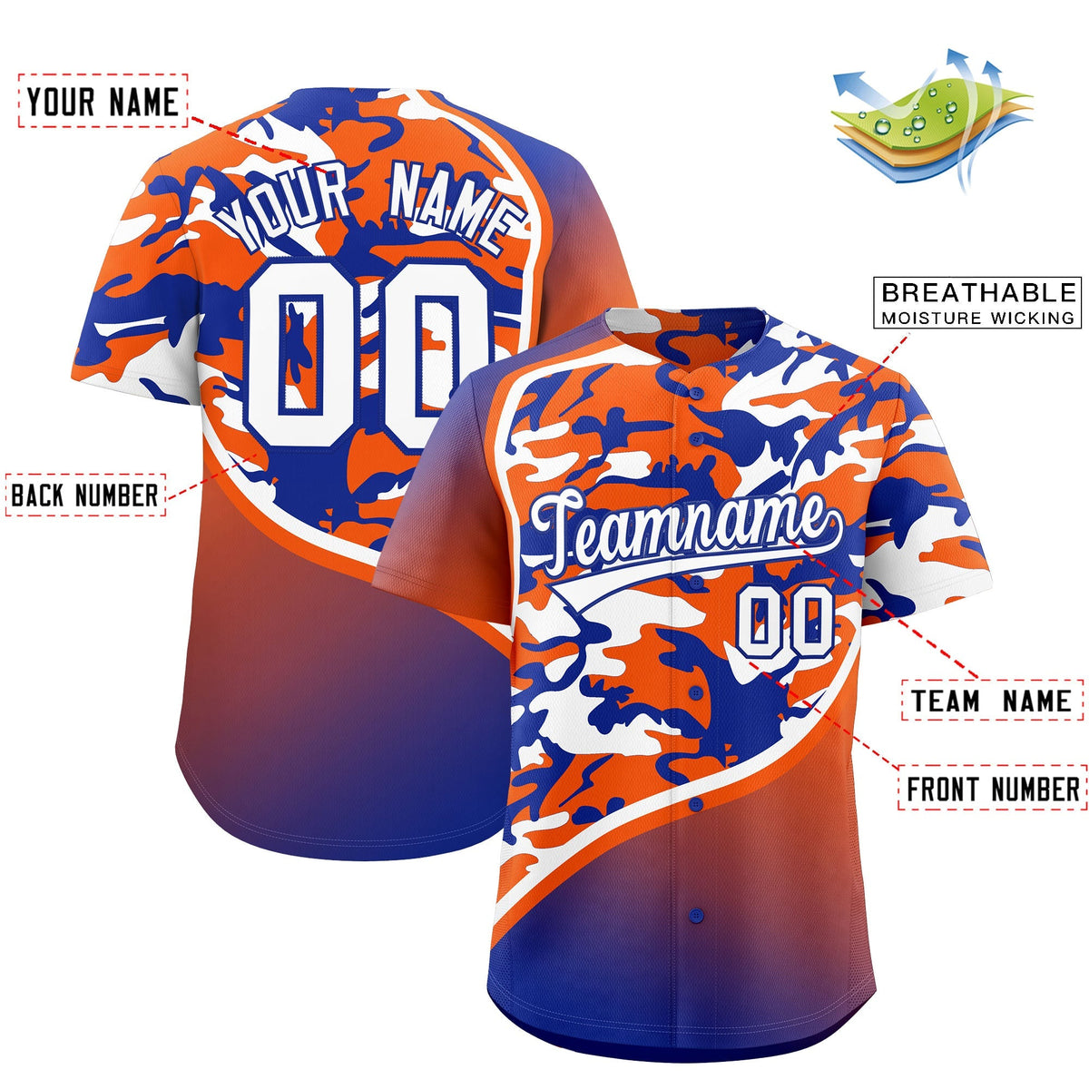 Custom Orange Royal Blue White Camo Gradient Fashion Baseball Jersey | Perfect for Training,Sublimation Printed &amp; Stitched,Add Name and Numbern,Perfect for Teams | KXKSHOP