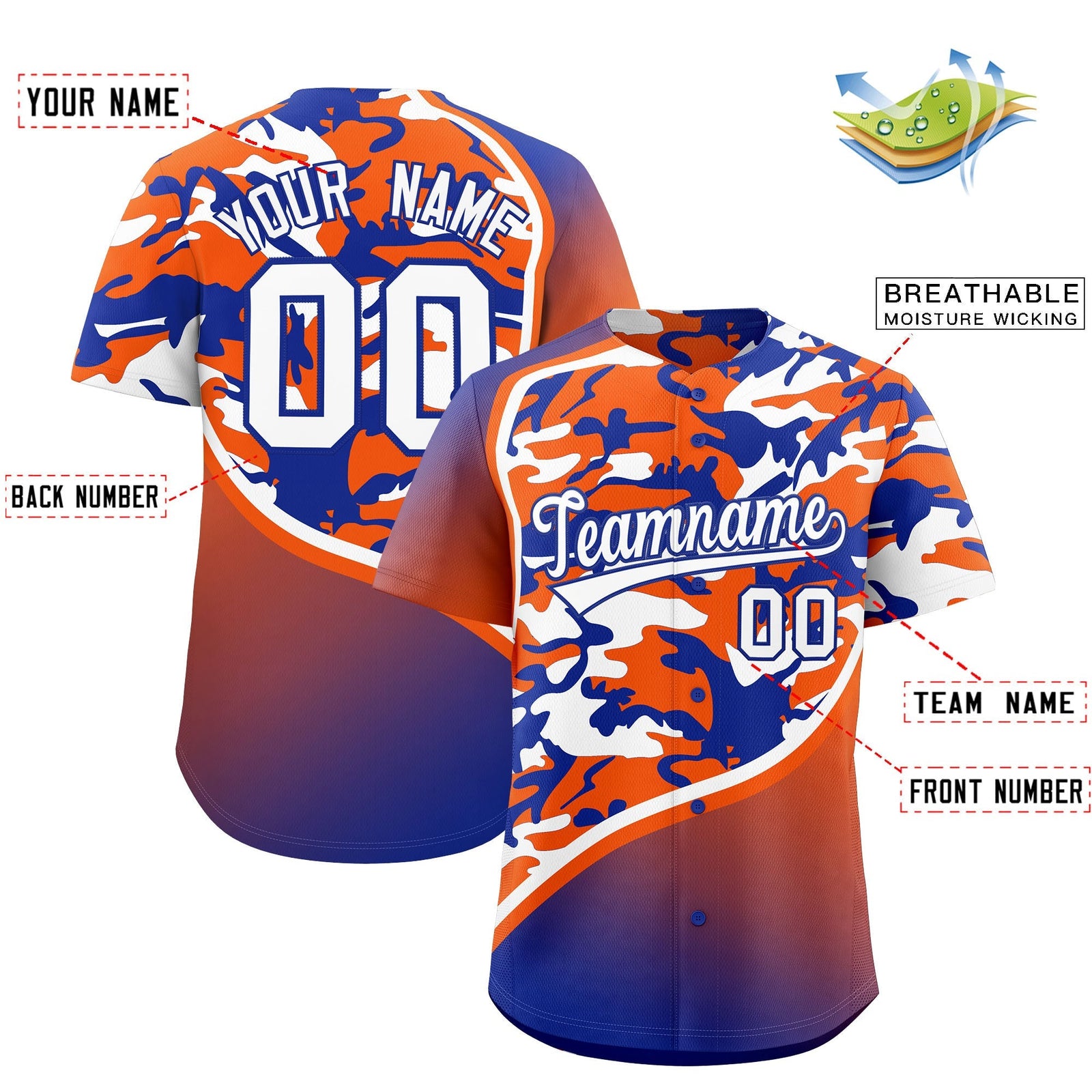 Custom Orange Royal Blue White Camo Gradient Fashion Baseball Jersey | Perfect for Training,Sublimation Printed & Stitched,Add Name and Numbern,Perfect for Teams | KXKSHOP