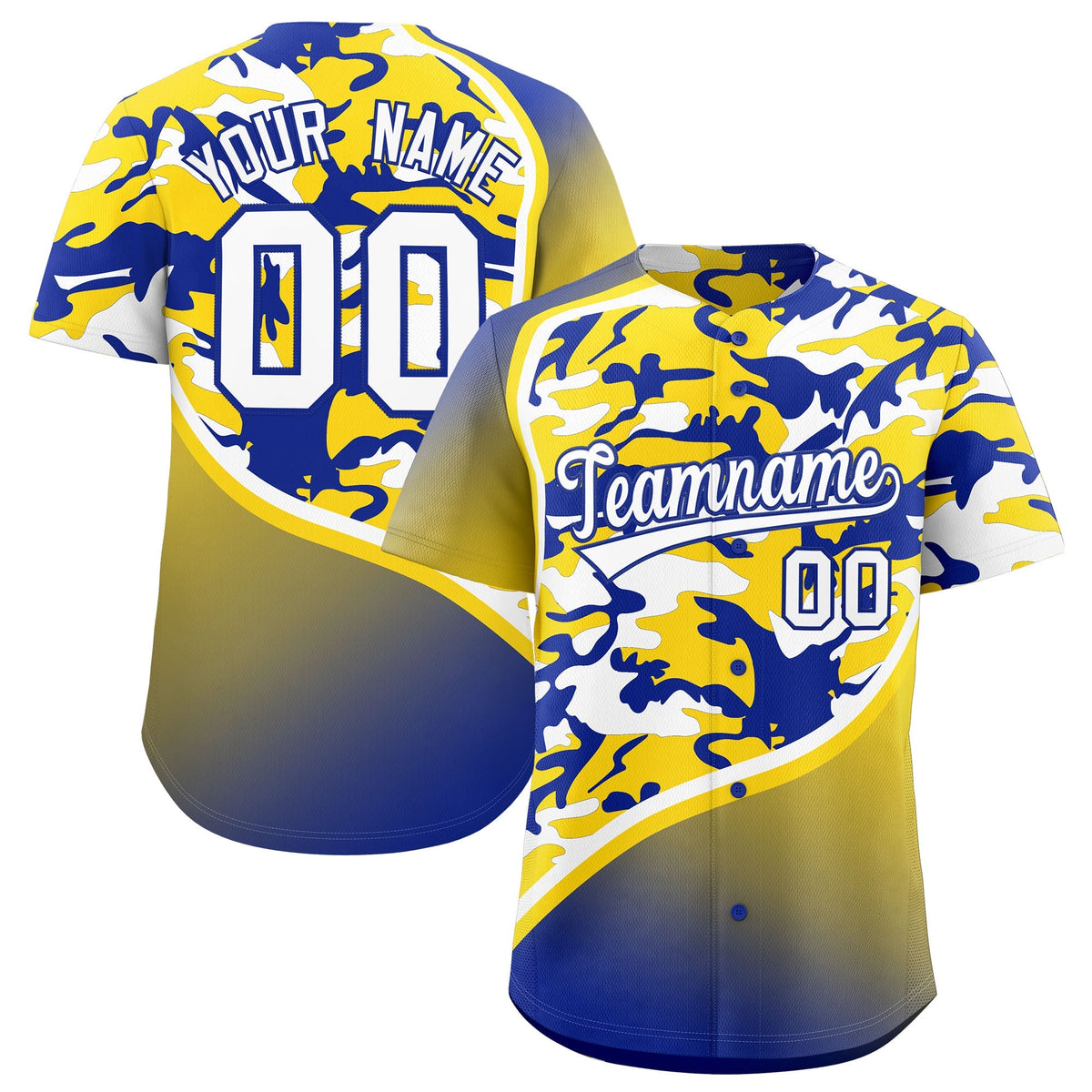Custom Gold Royal Blue White Camo Gradient Fashion Baseball Jersey | Perfect for Training,Sublimation Printed &amp; Stitched,Add Name and Numbern,Perfect for Teams | KXKSHOP