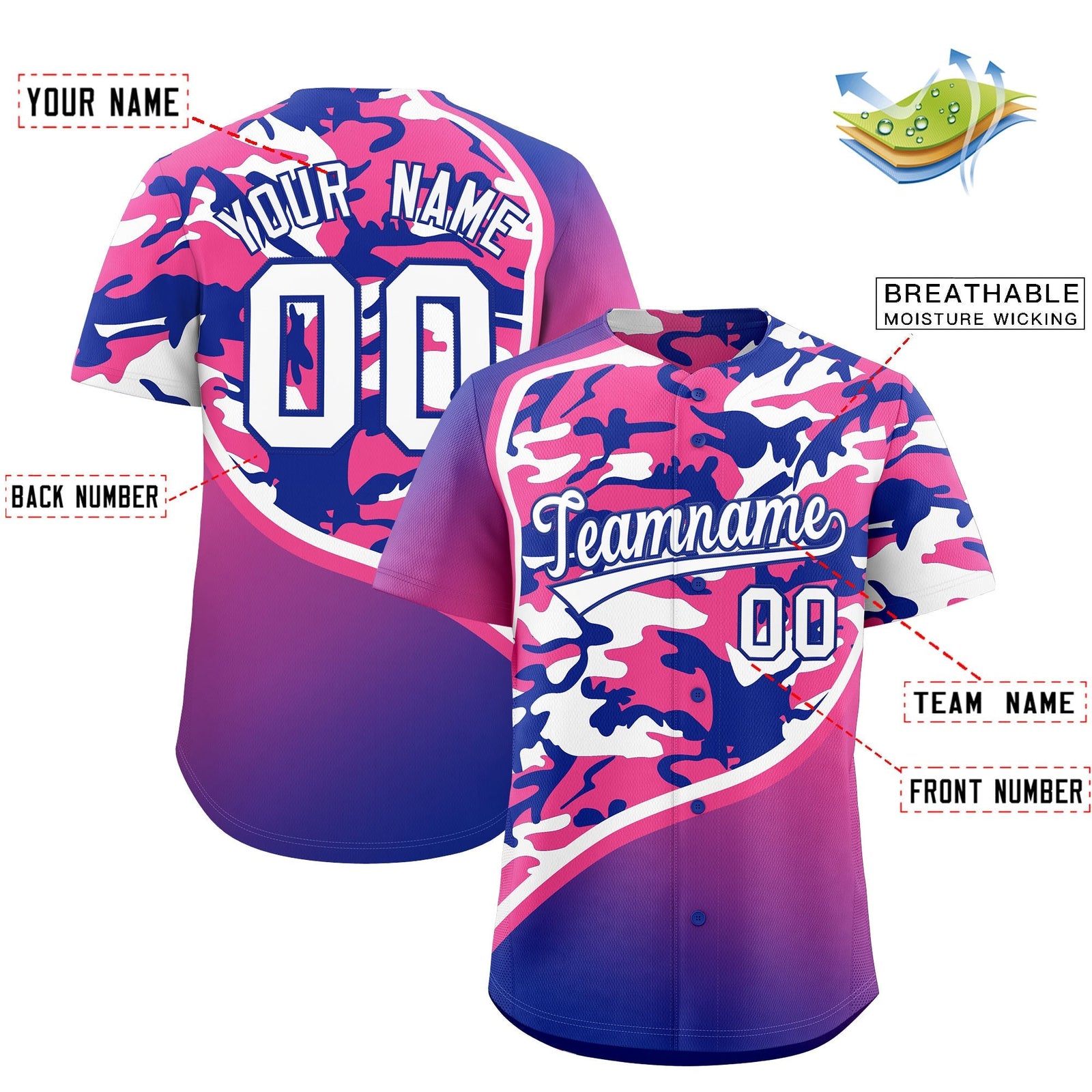 Custom Pink Royal Blue White Camo Gradient Fashion Baseball Jersey | Perfect for Training,Sublimation Printed & Stitched,Add Name and Numbern,Perfect for Teams | KXKSHOP