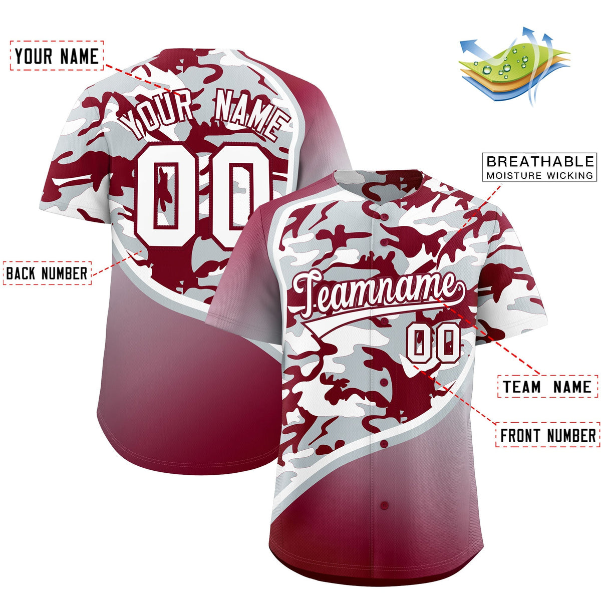 Custom Silver Crimson White Camo Gradient Fashion Baseball Jersey | Perfect for Training,Sublimation Printed &amp; Stitched,Add Name and Numbern,Perfect for Teams | KXKSHOP