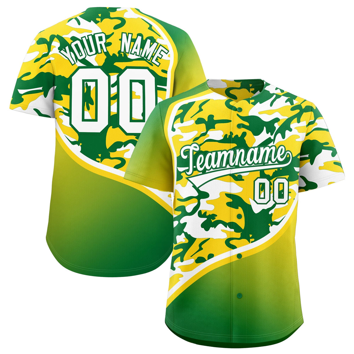 Custom Gold Kelly Green White Camo Gradient Fashion Baseball Jersey | Perfect for Training,Sublimation Printed &amp; Stitched,Add Name and Numbern,Perfect for Teams | KXKSHOP