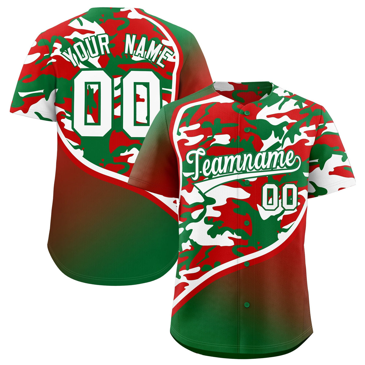 Custom Red Kelly Green White Camo Gradient Fashion Baseball Jersey | Perfect for Training,Sublimation Printed &amp; Stitched,Add Name and Numbern,Perfect for Teams | KXKSHOP