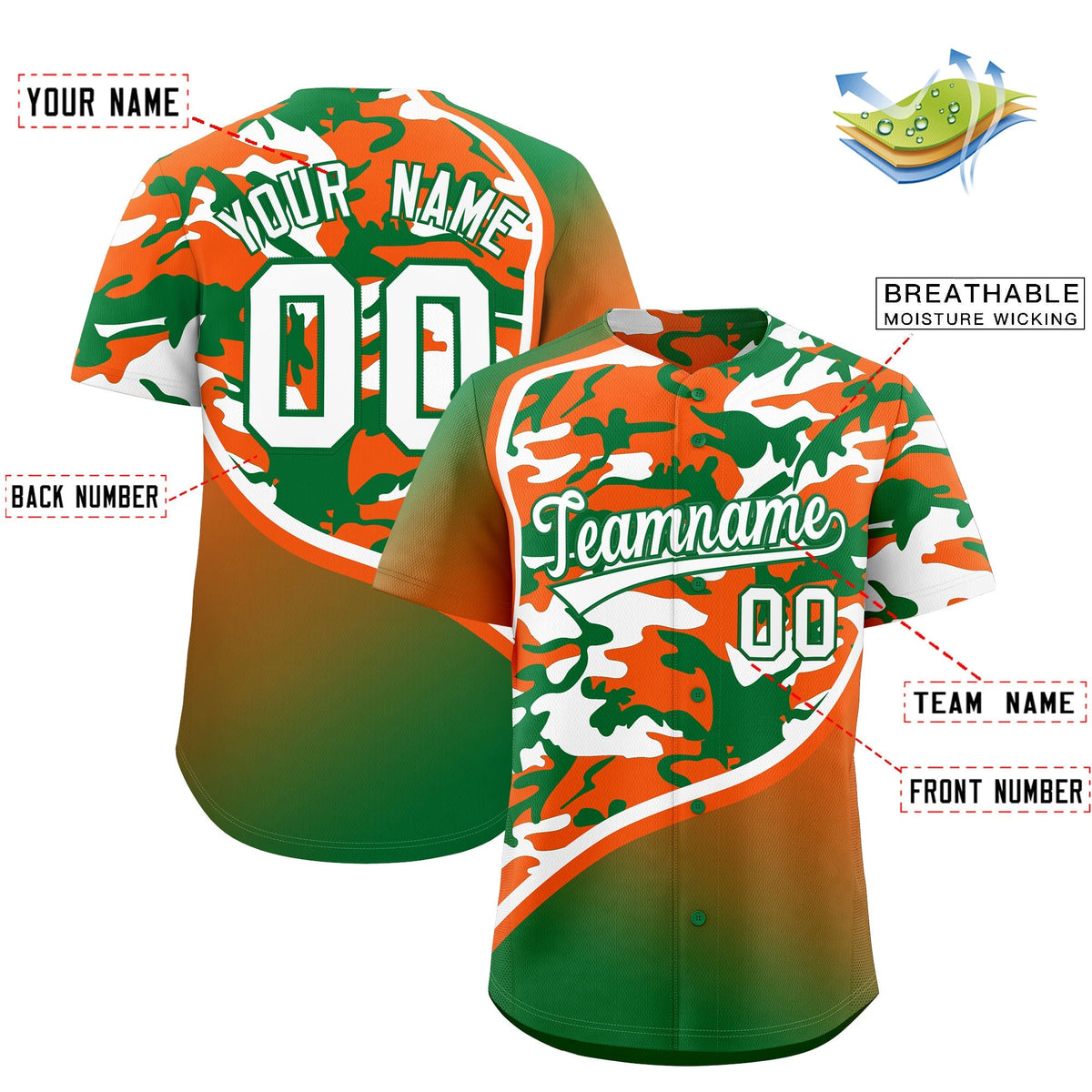 Custom Orange Kelly Green White Camo Gradient Fashion Baseball Jersey | Perfect for Training,Sublimation Printed &amp; Stitched,Add Name and Numbern,Perfect for Teams | KXKSHOP