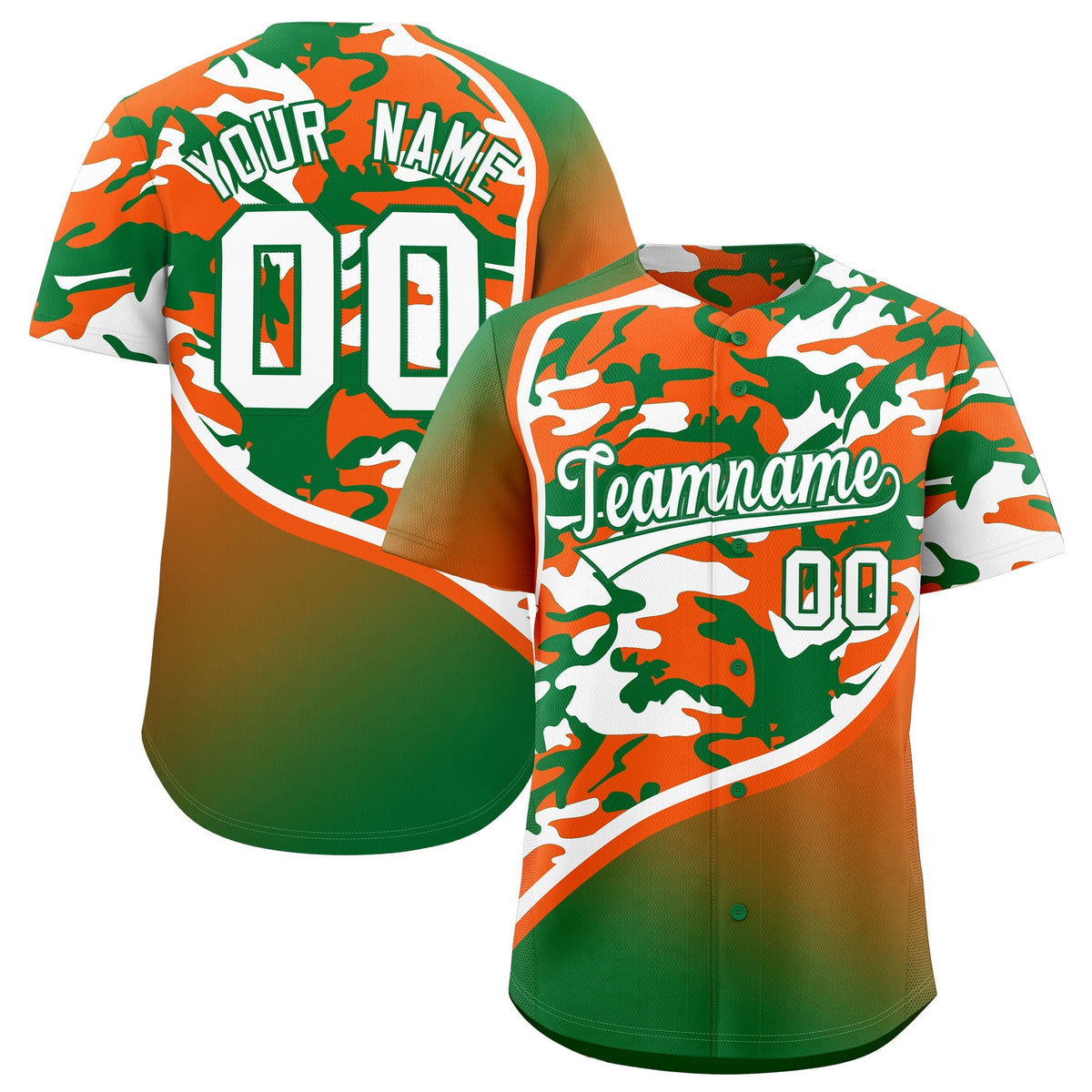Custom Orange Kelly Green White Camo Gradient Fashion Baseball Jersey | Perfect for Training,Sublimation Printed &amp; Stitched,Add Name and Numbern,Perfect for Teams | KXKSHOP
