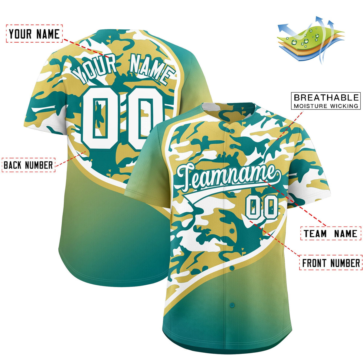 Custom Old Gold Teal White Camo Gradient Fashion Baseball Jersey | Perfect for Training,Sublimation Printed &amp; Stitched,Add Name and Numbern,Perfect for Teams | KXKSHOP